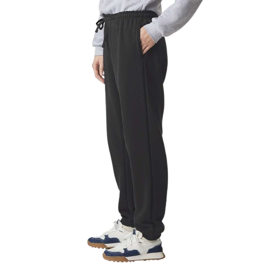 Black recycled polyester and cotton fleece sweatpants with relaxed fit, elastic waistband, flat drawcord, side pockets, and elastic cuffed leg openings.