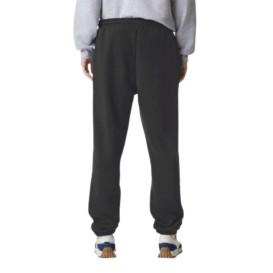Black recycled polyester and cotton fleece sweatpants with relaxed fit, elastic waistband, flat drawcord, side pockets, and elastic cuffed leg openings.