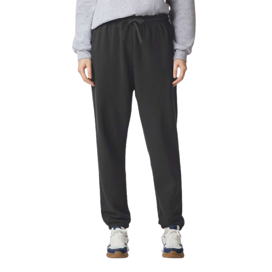 Black recycled polyester and cotton fleece sweatpants with relaxed fit, elastic waistband, flat drawcord, side pockets, and elastic cuffed leg openings.