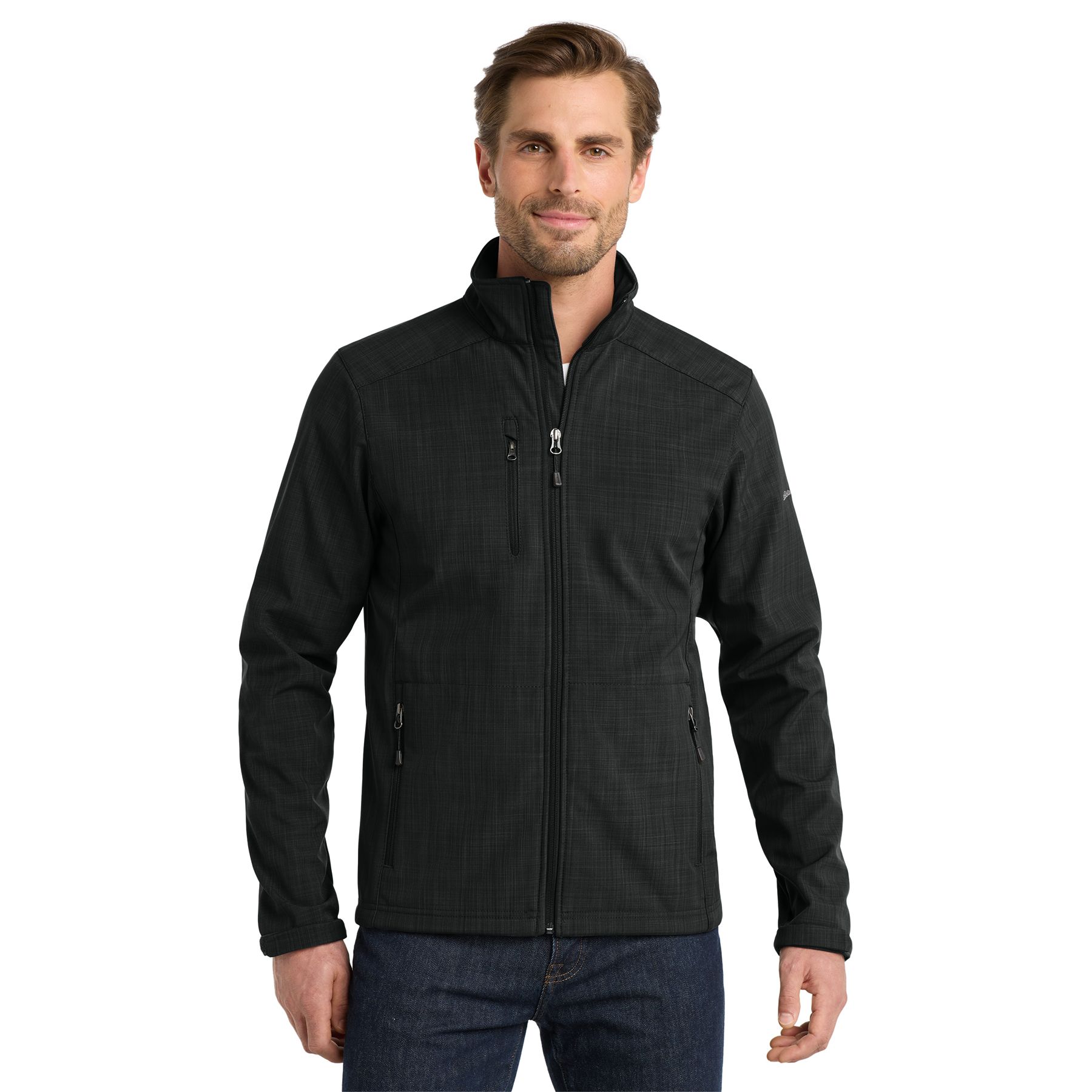 Black Eddie Bauer® Shaded Crosshatch Soft Shell Jacket, featuring a water-resistant softshell fabric with a subtle crosshatch texture, full-zip front, stand collar, and zippered hand pockets for outdoor protection and everyday layering.