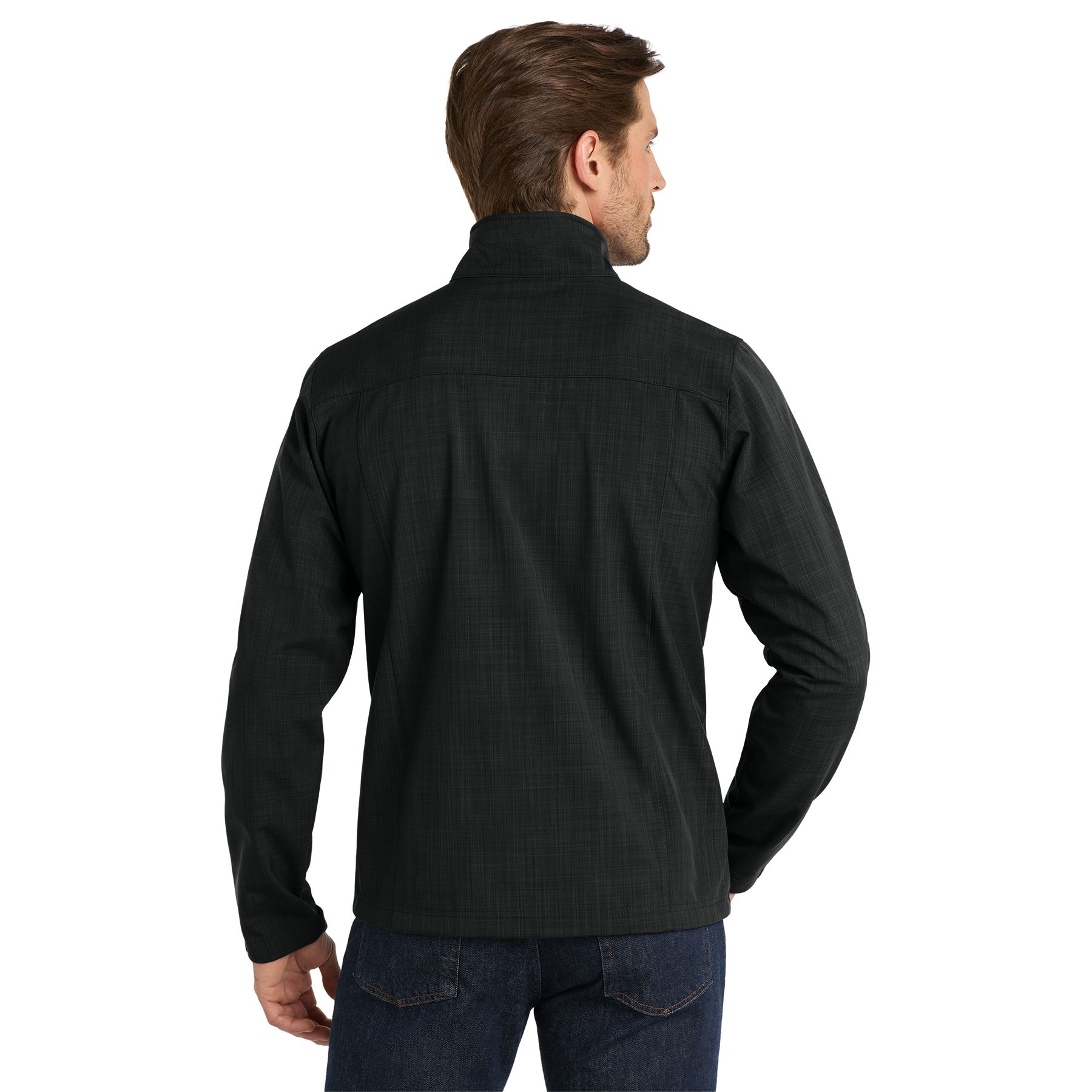 Black Eddie Bauer® Shaded Crosshatch Soft Shell Jacket, featuring a water-resistant softshell fabric with a subtle crosshatch texture, full-zip front, stand collar, and zippered hand pockets for outdoor protection and everyday layering.