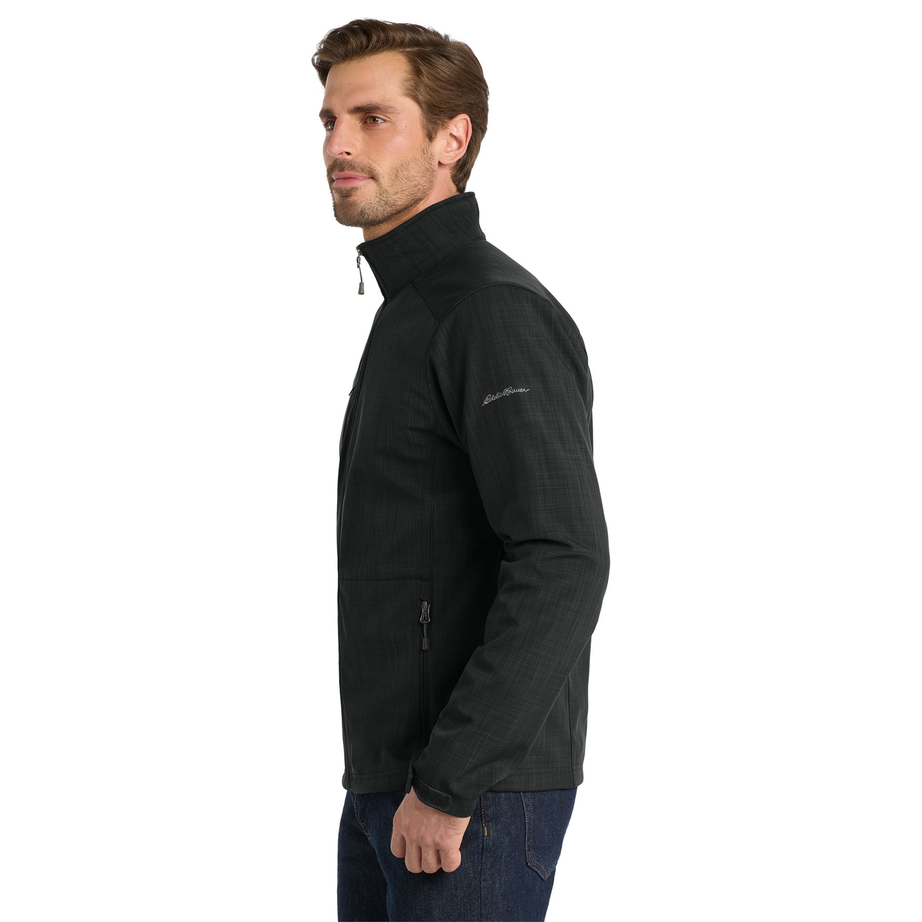 Black Eddie Bauer® Shaded Crosshatch Soft Shell Jacket, featuring a water-resistant softshell fabric with a subtle crosshatch texture, full-zip front, stand collar, and zippered hand pockets for outdoor protection and everyday layering.