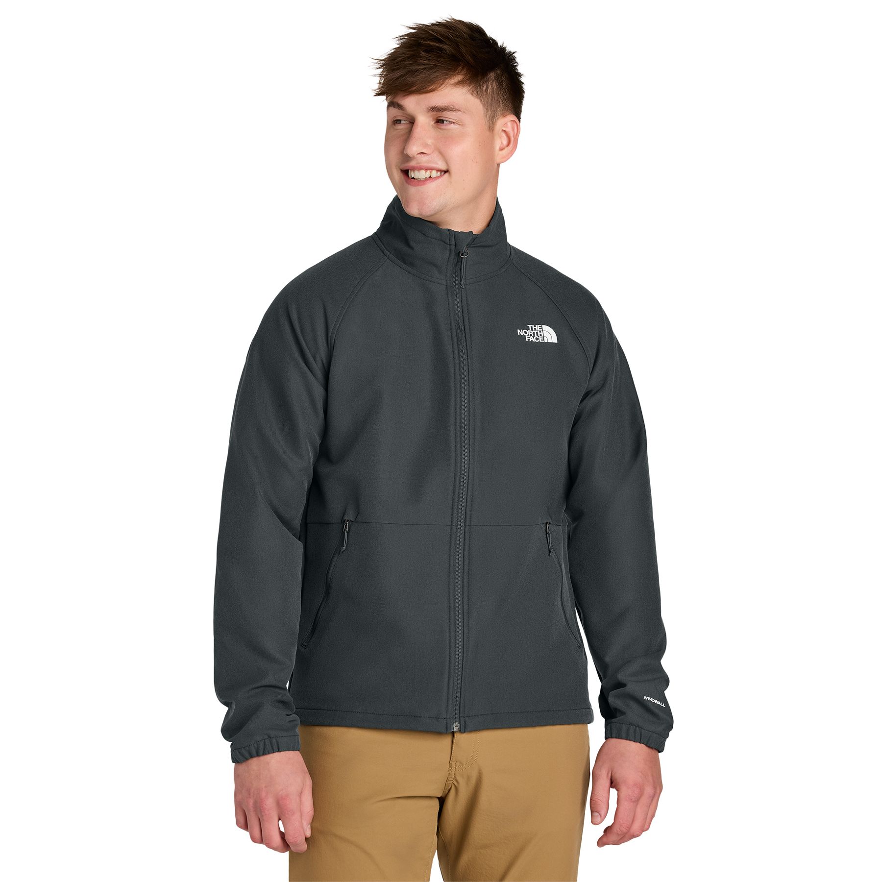 Asphalt Gray Dark Heather The North Face® Barr Lake Soft Shell Jacket, featuring a water-resistant stretch softshell fabric with a full-zip front, stand collar, zippered hand pockets, and a streamlined design for outdoor use and everyday layering.