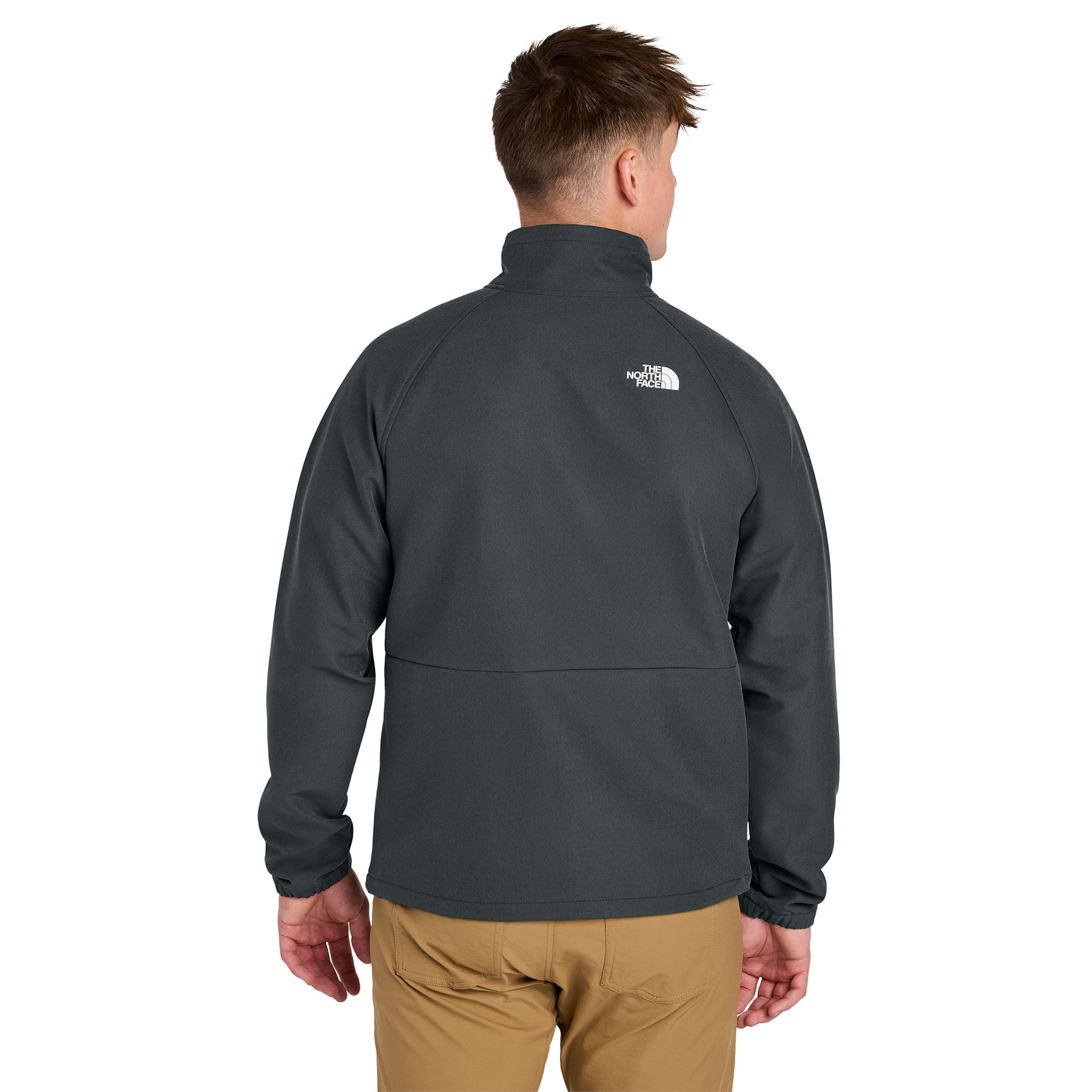 Asphalt Gray Dark Heather The North Face® Barr Lake Soft Shell Jacket, featuring a water-resistant stretch softshell fabric with a full-zip front, stand collar, zippered hand pockets, and a streamlined design for outdoor use and everyday layering.