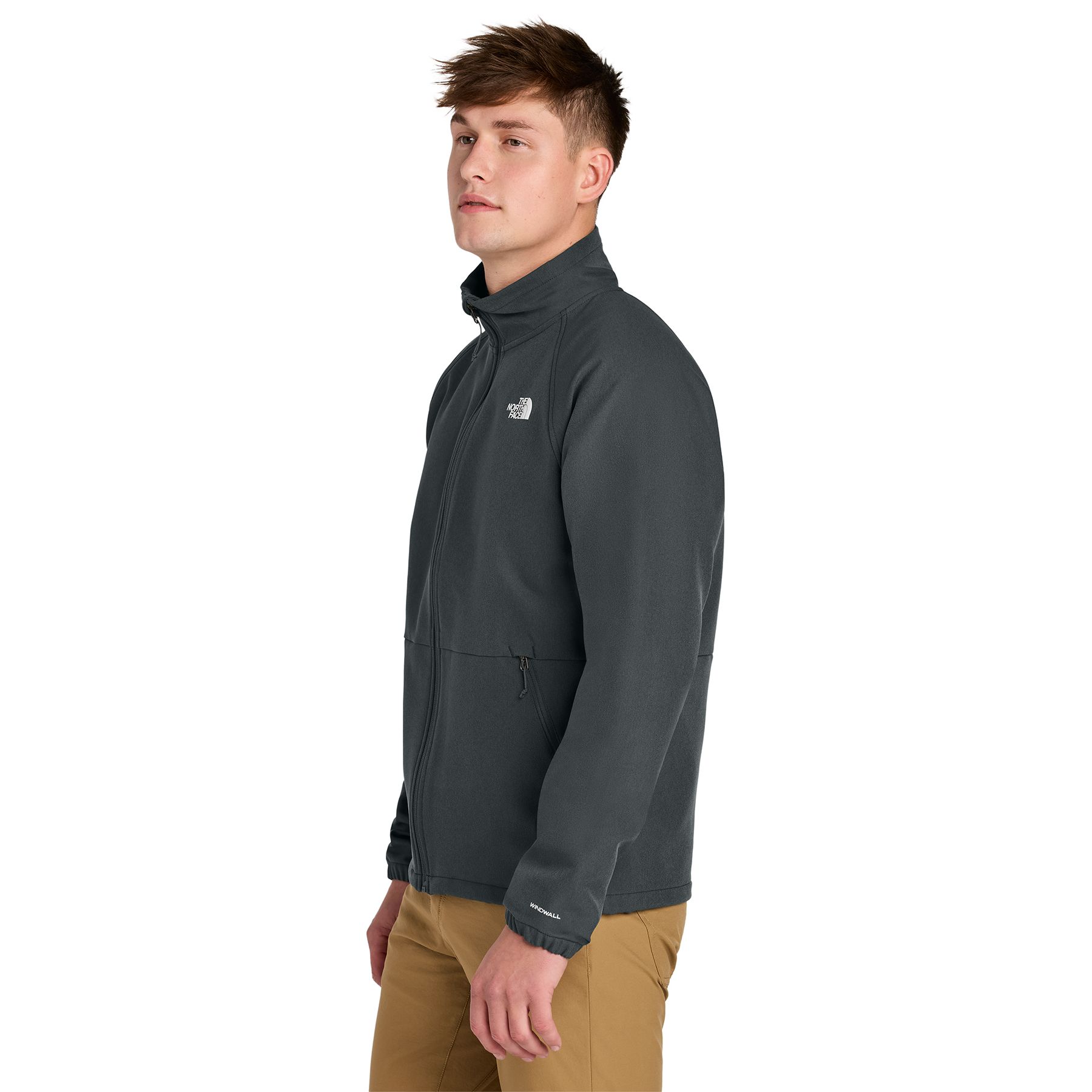 Asphalt Gray Dark Heather The North Face® Barr Lake Soft Shell Jacket, featuring a water-resistant stretch softshell fabric with a full-zip front, stand collar, zippered hand pockets, and a streamlined design for outdoor use and everyday layering.