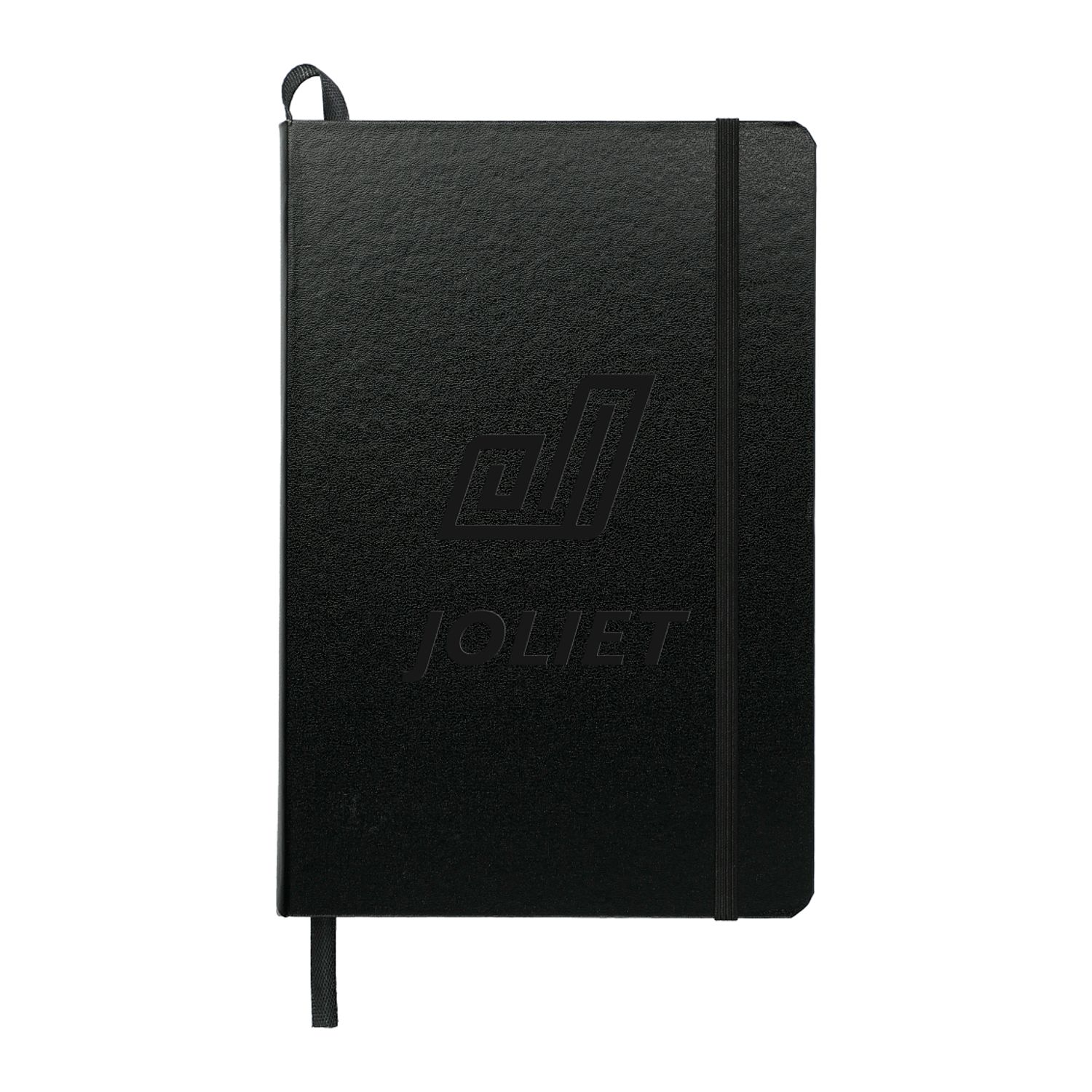 Black 5.5" x 8.5" FSC® Mix Ambassador Bound JournalBook®, featuring a hardcover bound design with an elastic closure, ribbon page marker, and lined pages for note-taking, journaling, and professional use.