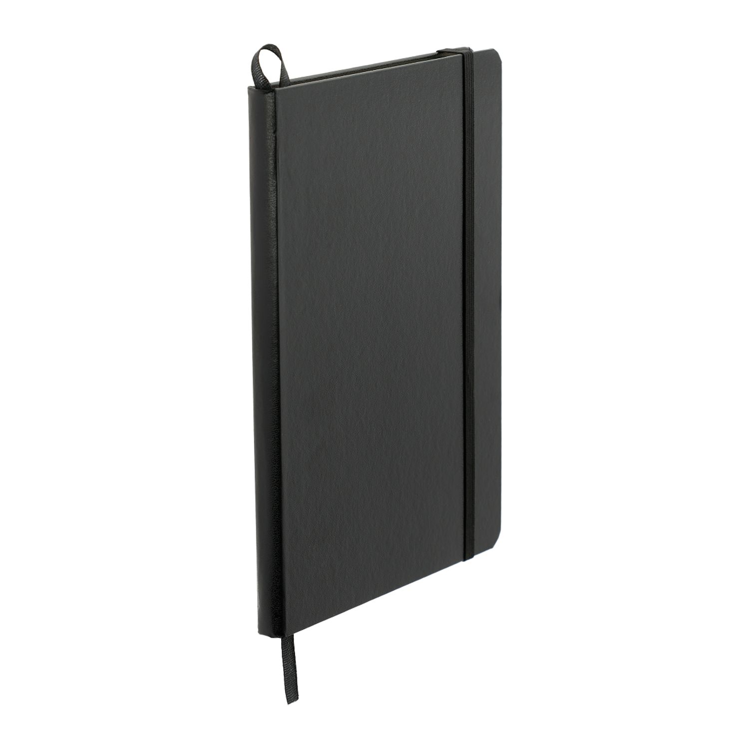 Black 5.5" x 8.5" FSC® Mix Ambassador Bound JournalBook®, featuring a hardcover bound design with an elastic closure, ribbon page marker, and lined pages for note-taking, journaling, and professional use.