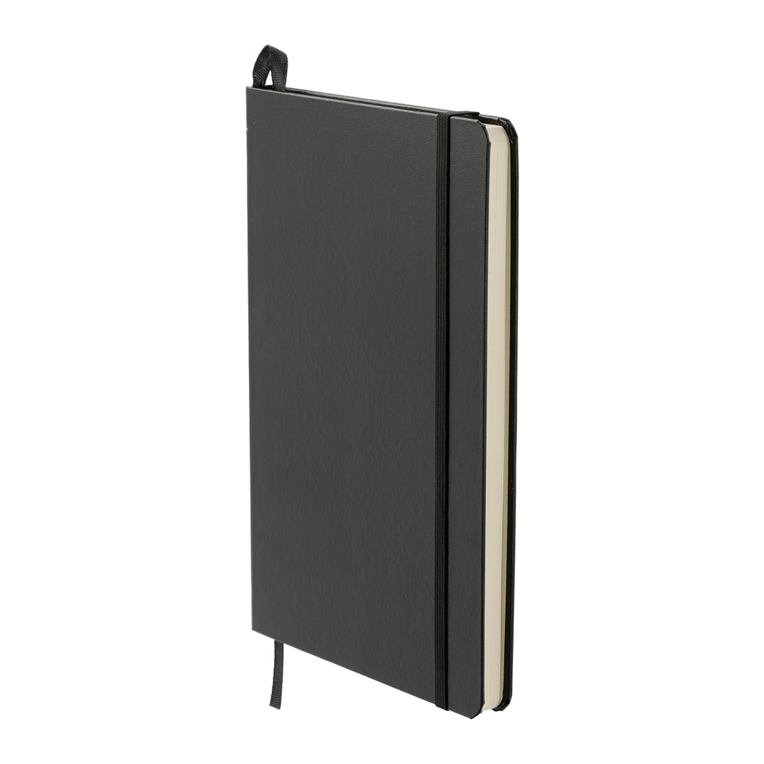 Black 5.5" x 8.5" FSC® Mix Ambassador Bound JournalBook®, featuring a hardcover bound design with an elastic closure, ribbon page marker, and lined pages for note-taking, journaling, and professional use.
