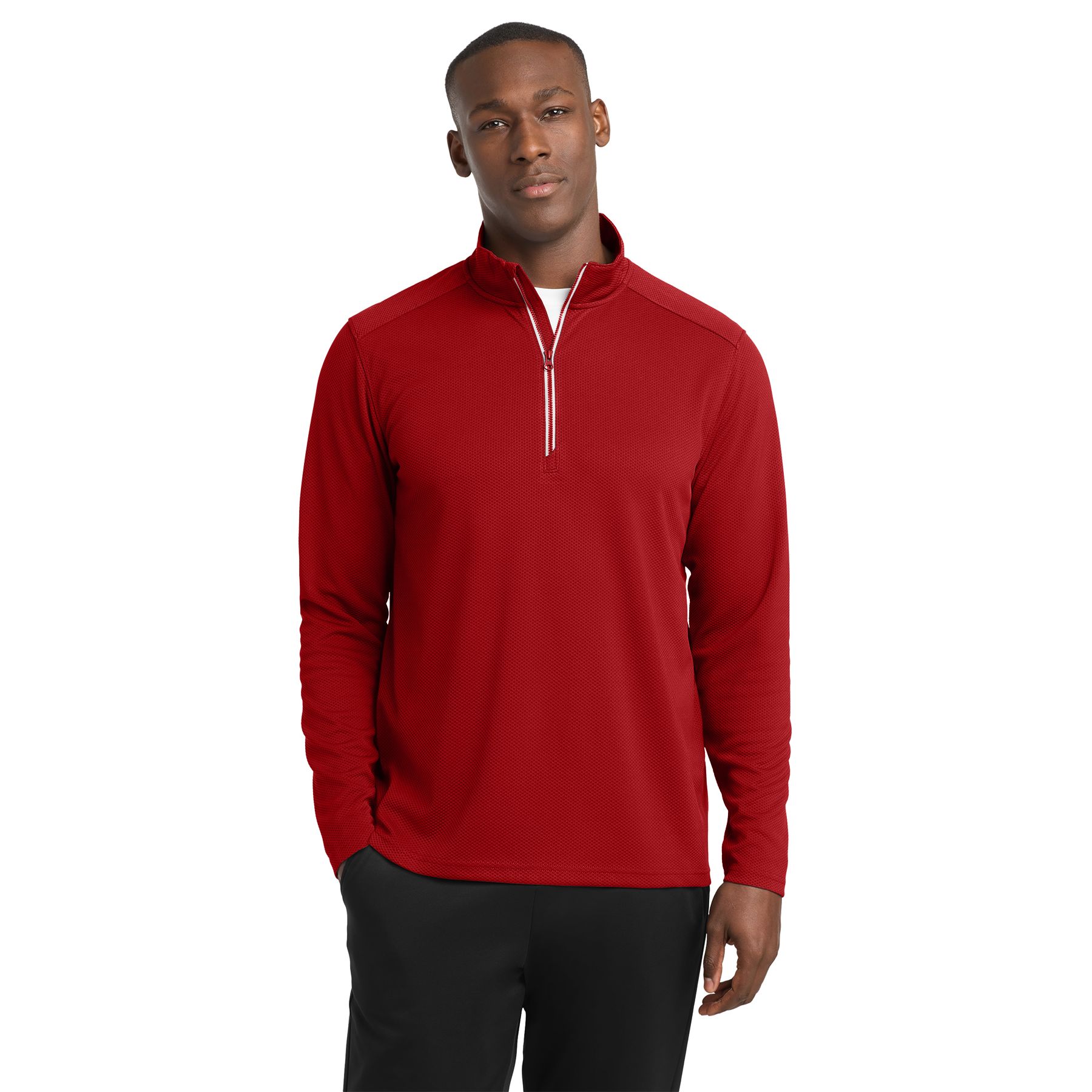 Deep red textured quarter-zip pullover with moisture-wicking polyester fabric, cadet collar, and athletic performance fit.