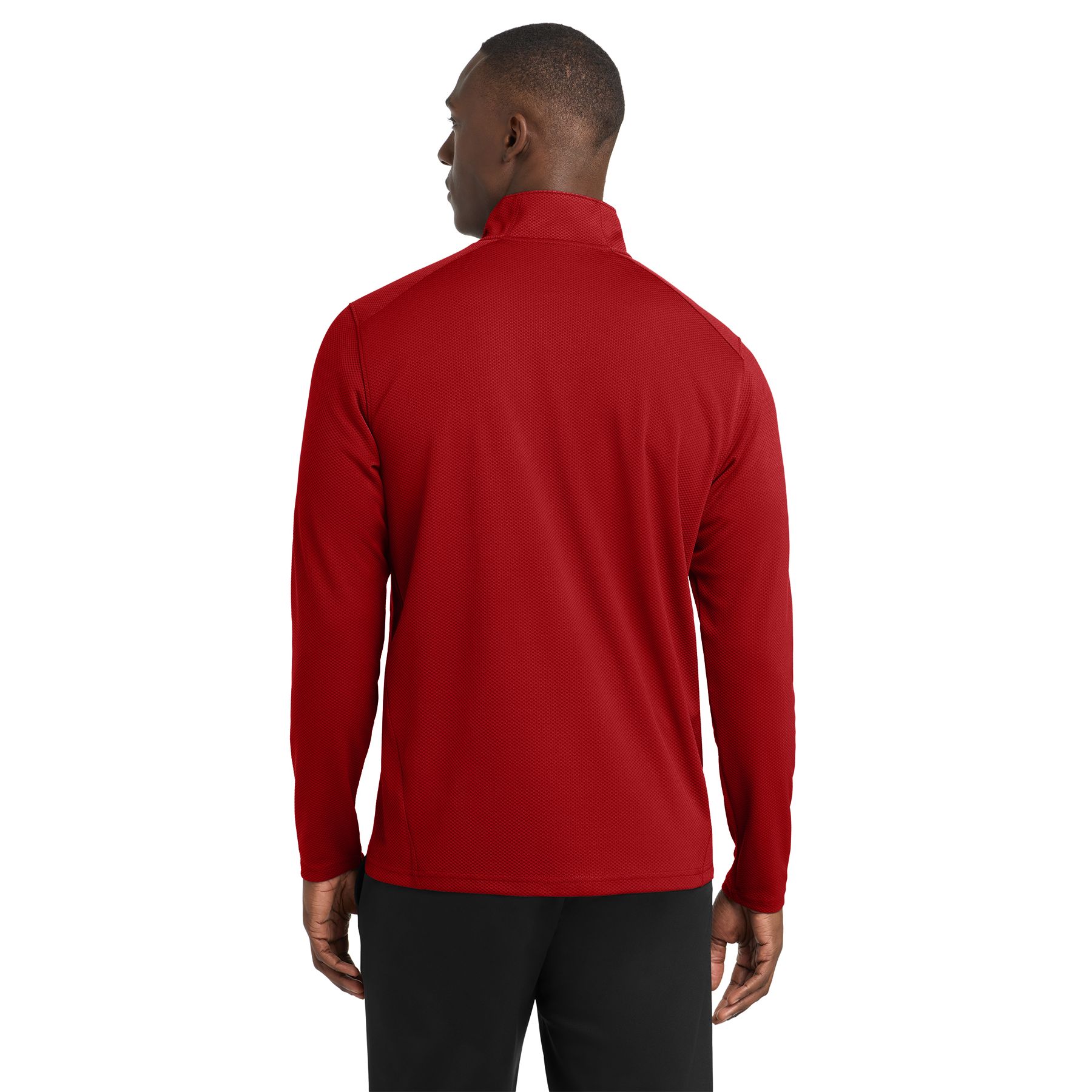 Deep red textured quarter-zip pullover with moisture-wicking polyester fabric, cadet collar, and athletic performance fit.