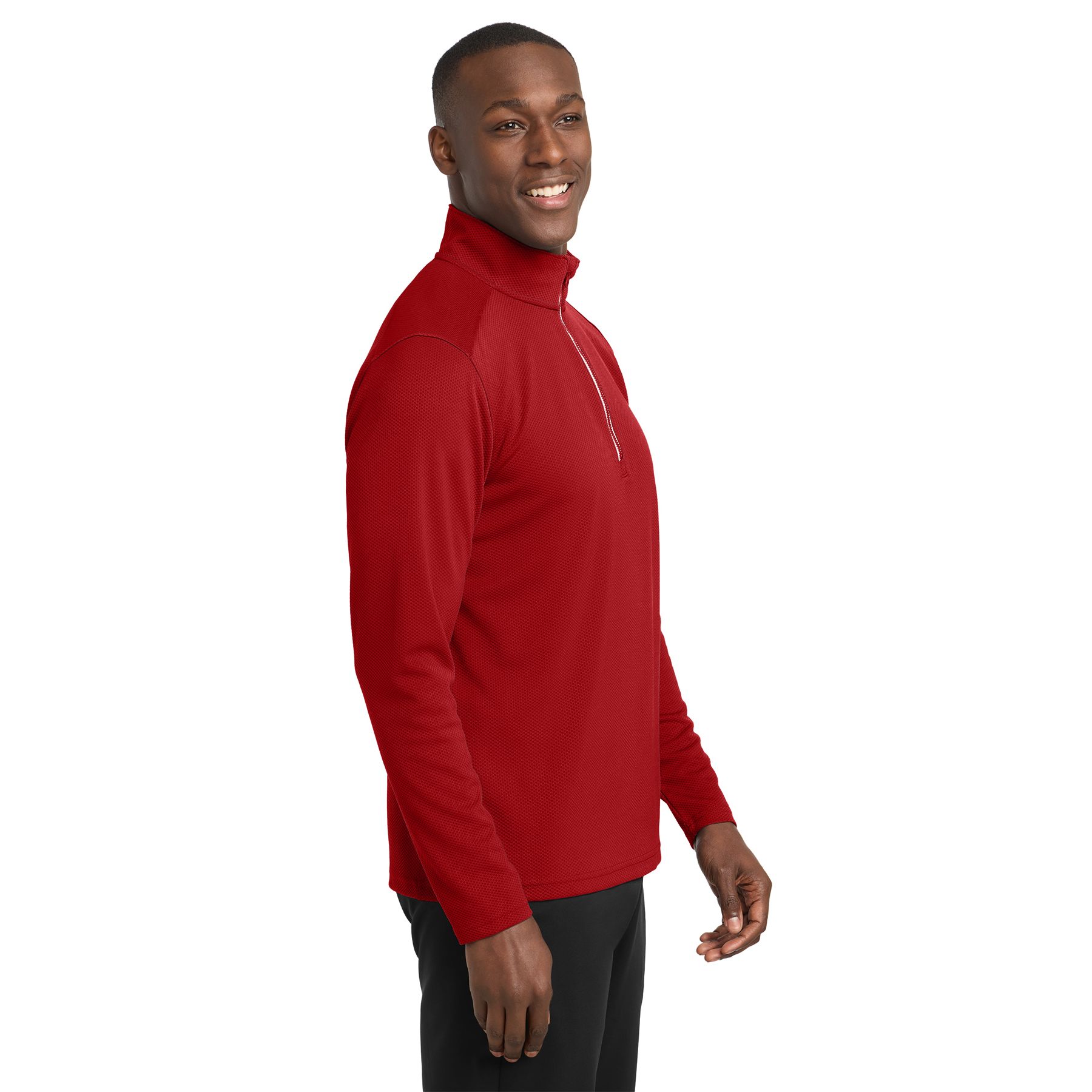 Deep red textured quarter-zip pullover with moisture-wicking polyester fabric, cadet collar, and athletic performance fit.