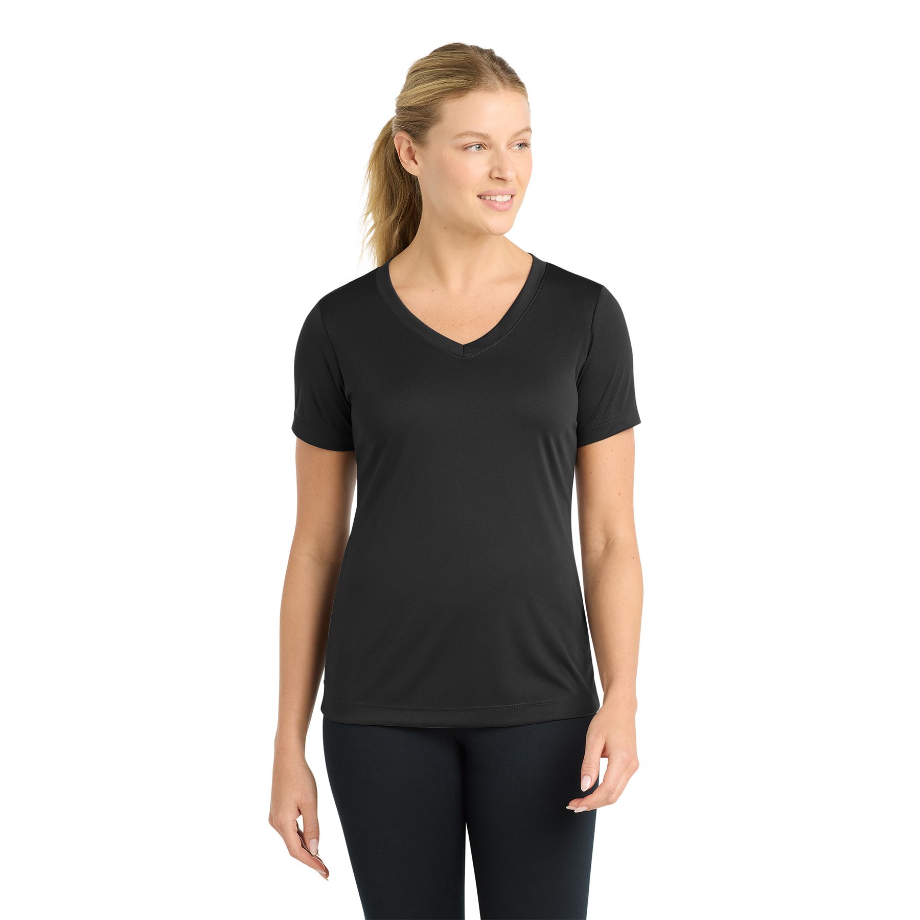 Black Sport-Tek® Women's PosiCharge® Competitor™ V-Neck Tee, featuring lightweight moisture-wicking performance fabric, a V-neckline, short sleeves, and an athletic fit for training, team sports, and everyday active wear.