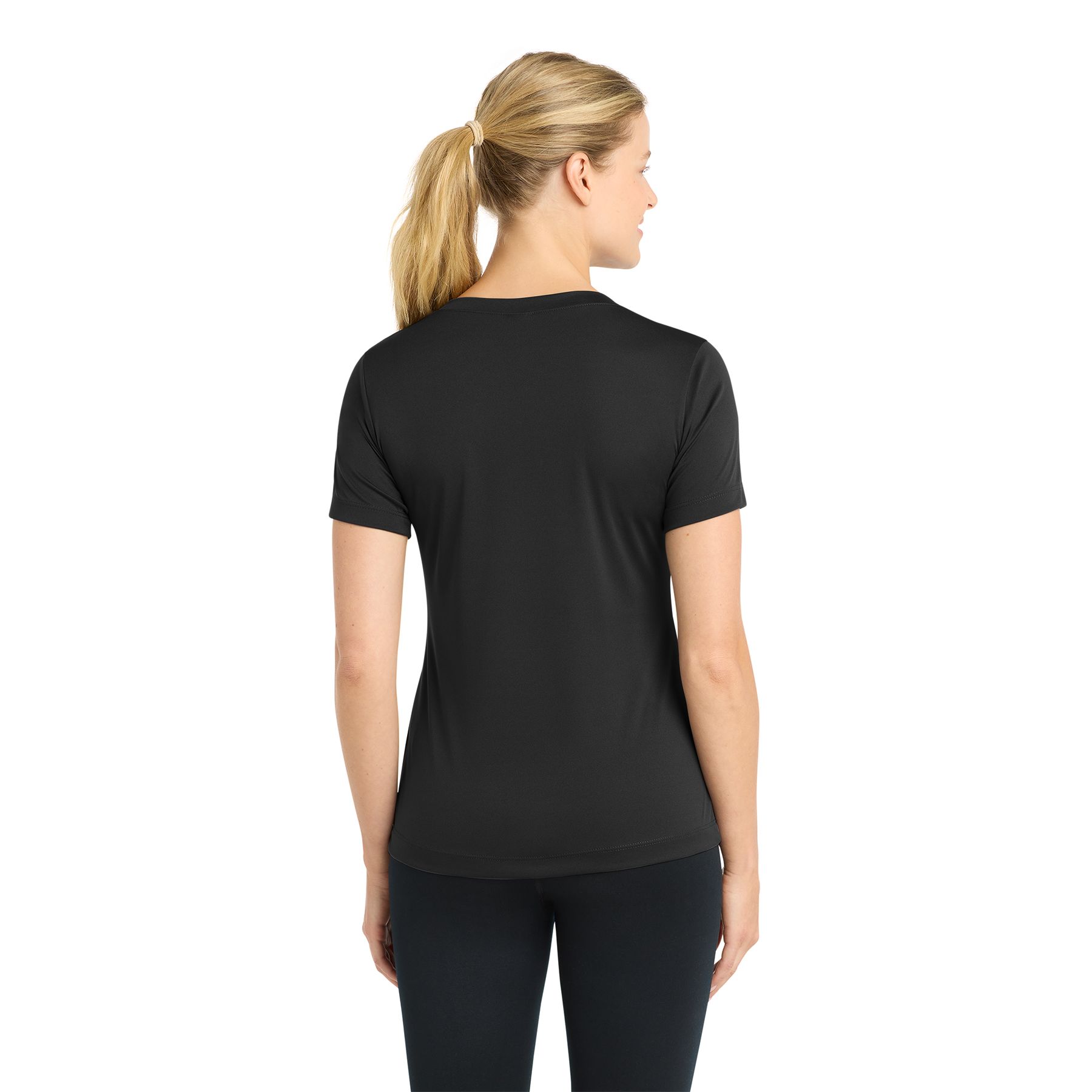 Black Sport-Tek® Women's PosiCharge® Competitor™ V-Neck Tee, featuring lightweight moisture-wicking performance fabric, a V-neckline, short sleeves, and an athletic fit for training, team sports, and everyday active wear.