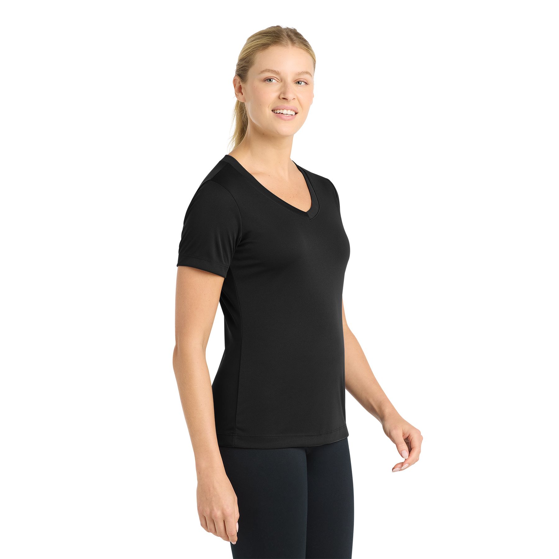 Black Sport-Tek® Women's PosiCharge® Competitor™ V-Neck Tee, featuring lightweight moisture-wicking performance fabric, a V-neckline, short sleeves, and an athletic fit for training, team sports, and everyday active wear.
