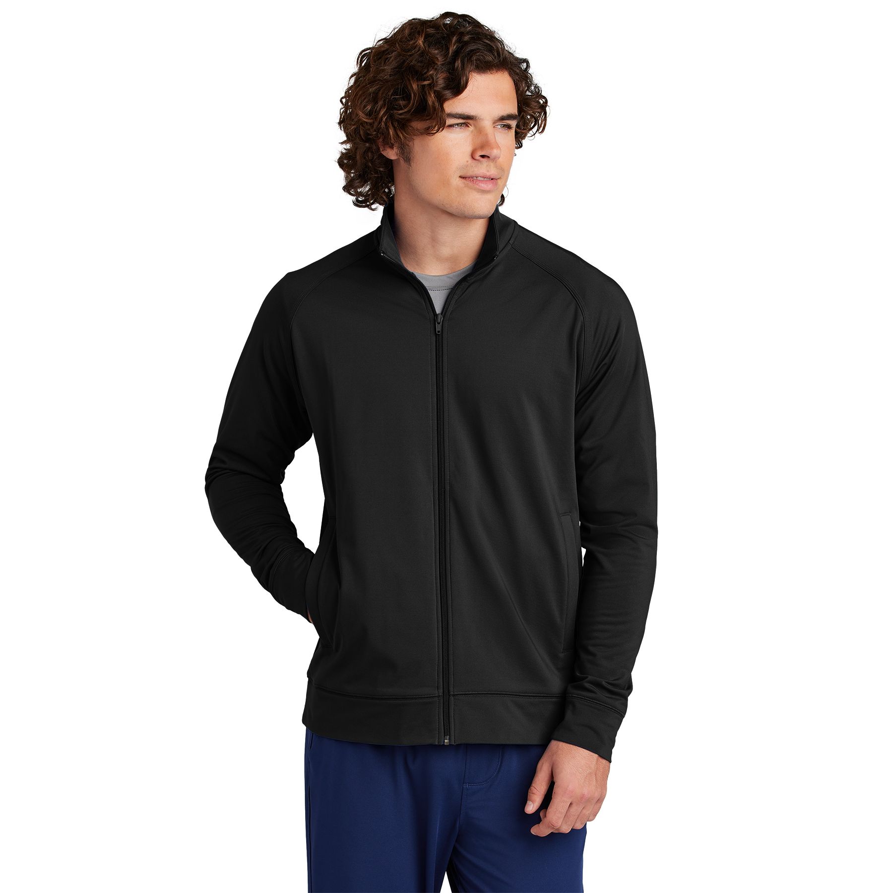 Black full-zip cadet jacket with stretch performance fabric, moisture-wicking technology, and athletic styling.