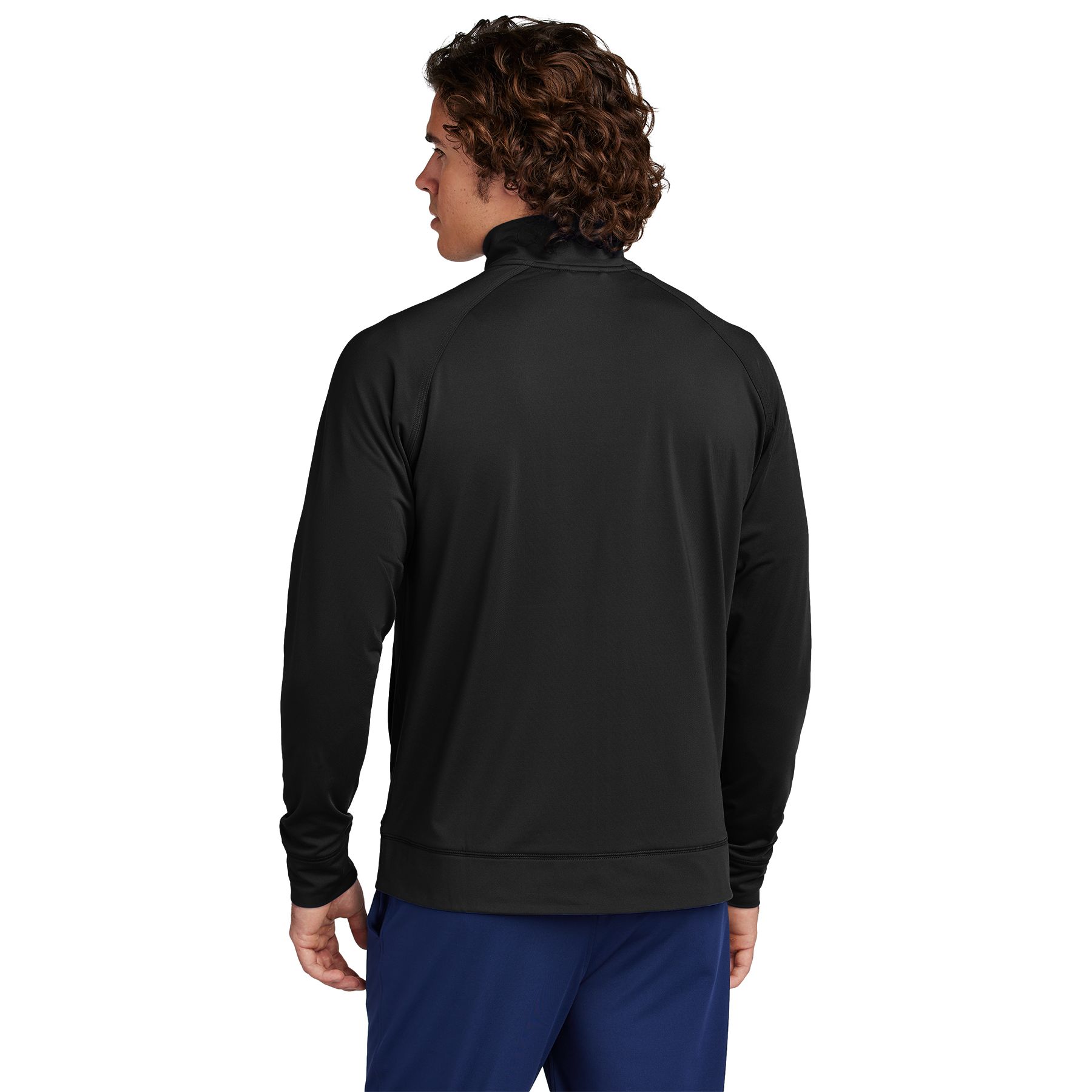 Black full-zip cadet jacket with stretch performance fabric, moisture-wicking technology, and athletic styling.