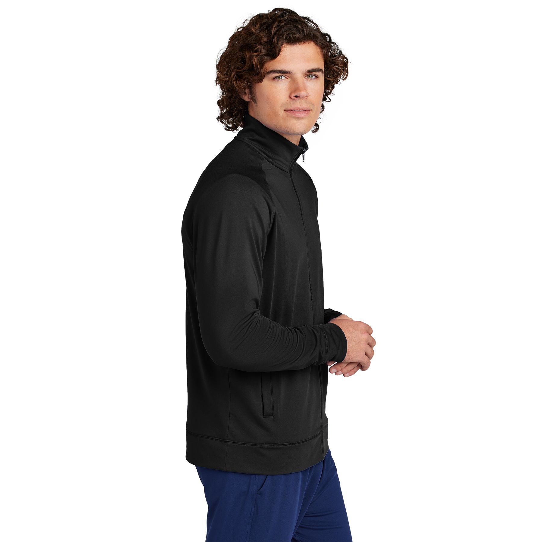 Black full-zip cadet jacket with stretch performance fabric, moisture-wicking technology, and athletic styling.