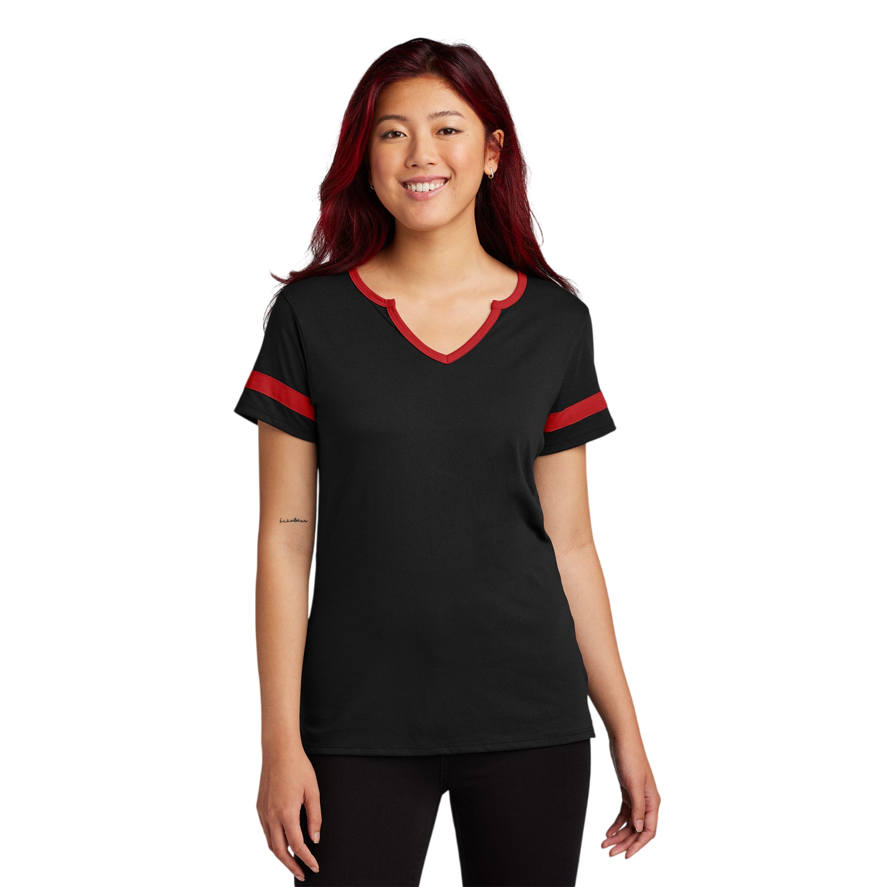 Black/Deep Red Sport-Tek® Women’s Halftime Notch Neck Tee, featuring a soft heathered performance fabric, notch V-neckline, contrast raglan sleeves, and color-block detailing for athletic-inspired casual wear and team apparel.