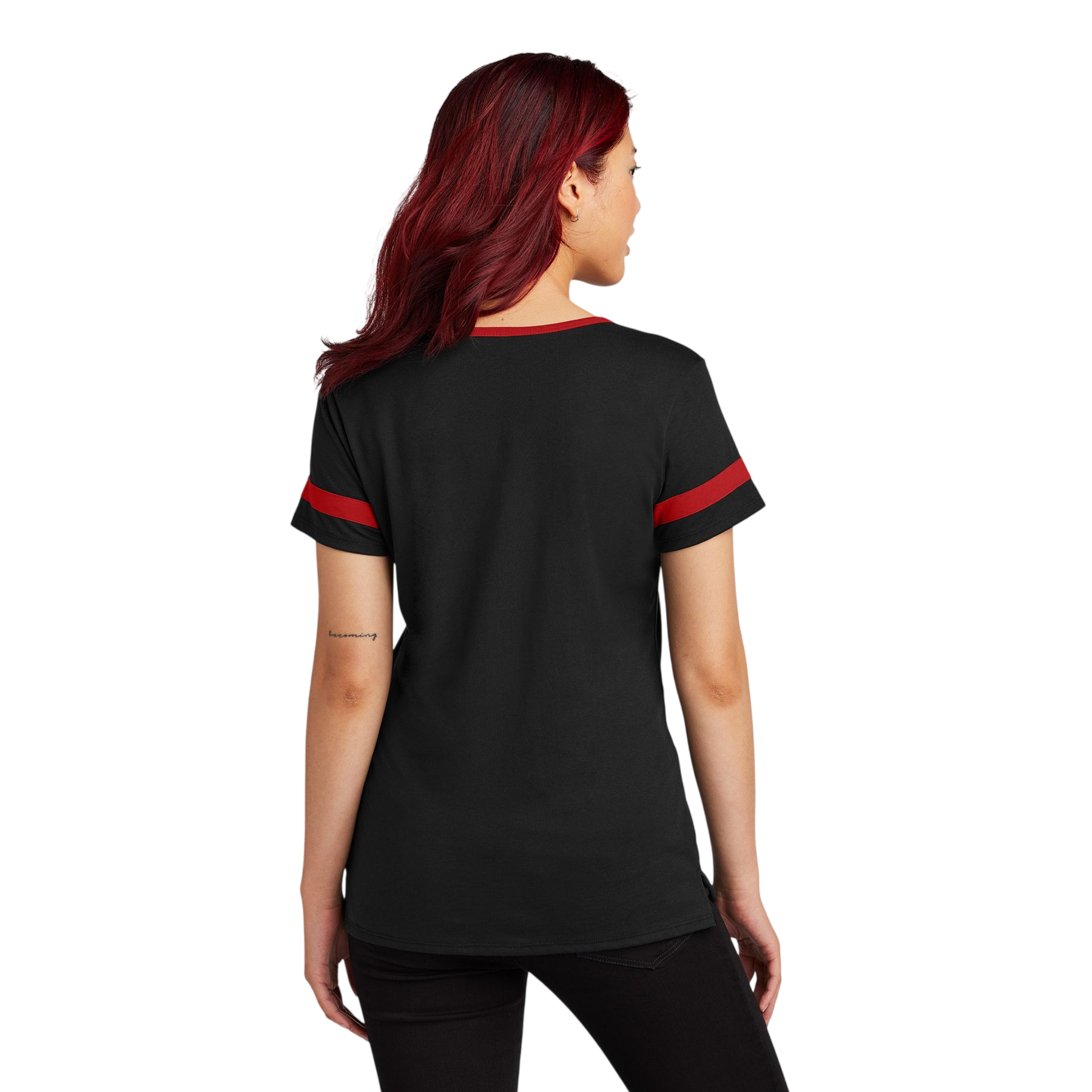 Black/Deep Red Sport-Tek® Women’s Halftime Notch Neck Tee, featuring a soft heathered performance fabric, notch V-neckline, contrast raglan sleeves, and color-block detailing for athletic-inspired casual wear and team apparel.