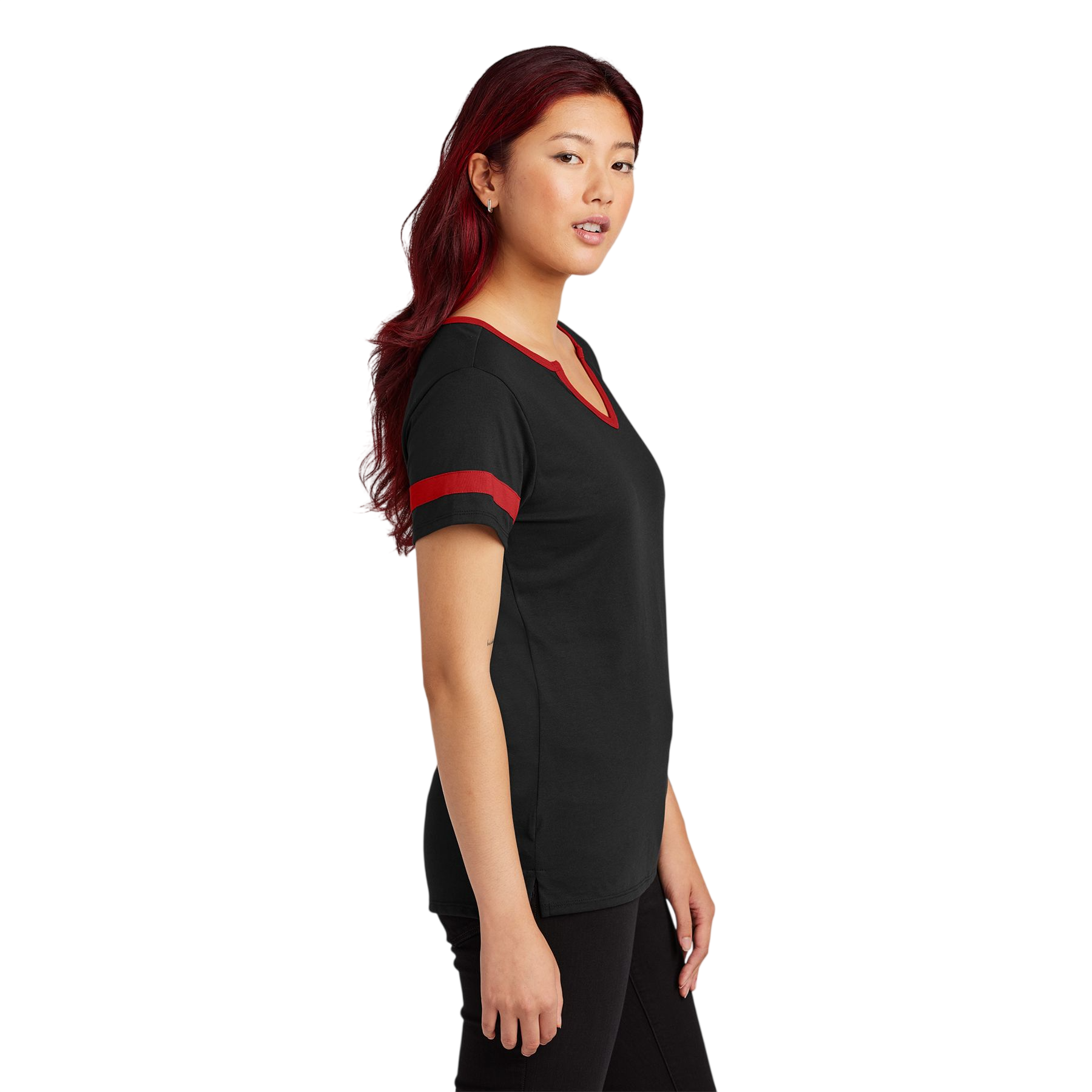 Black/Deep Red Sport-Tek® Women’s Halftime Notch Neck Tee, featuring a soft heathered performance fabric, notch V-neckline, contrast raglan sleeves, and color-block detailing for athletic-inspired casual wear and team apparel.