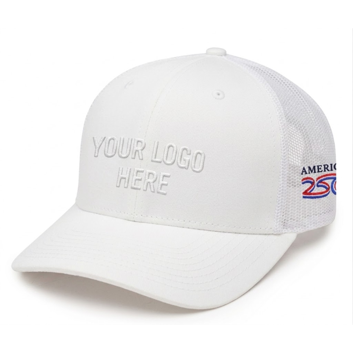 America250™ trucker cap featuring a structured six-panel crown, pre-curved visor, breathable mesh back, adjustable snapback closure, and an official America250™ logo on the front.