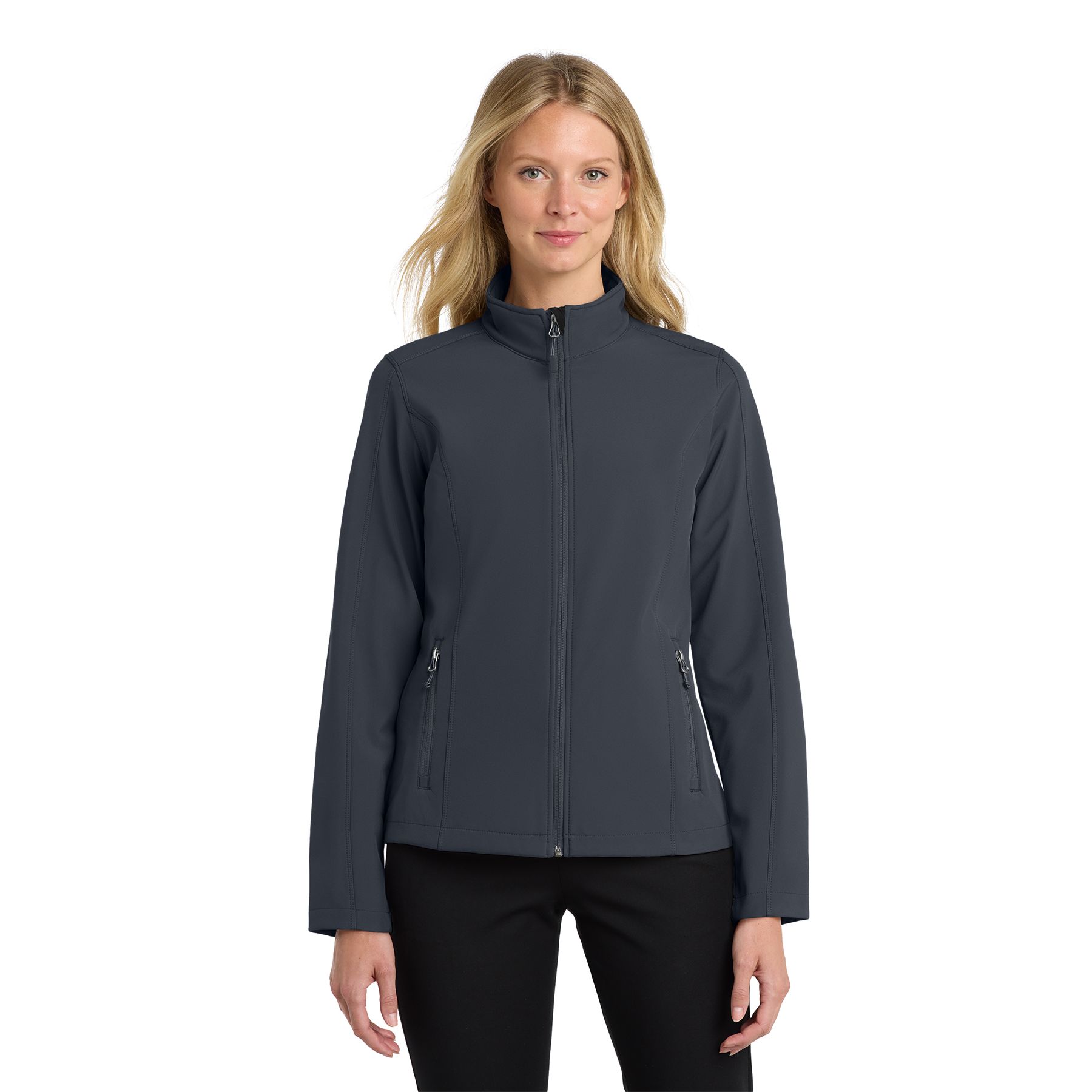 Battleship Grey women's soft shell jacket with wind-resistant polyester shell, microfleece lining, zippered pockets, and full-zip front.