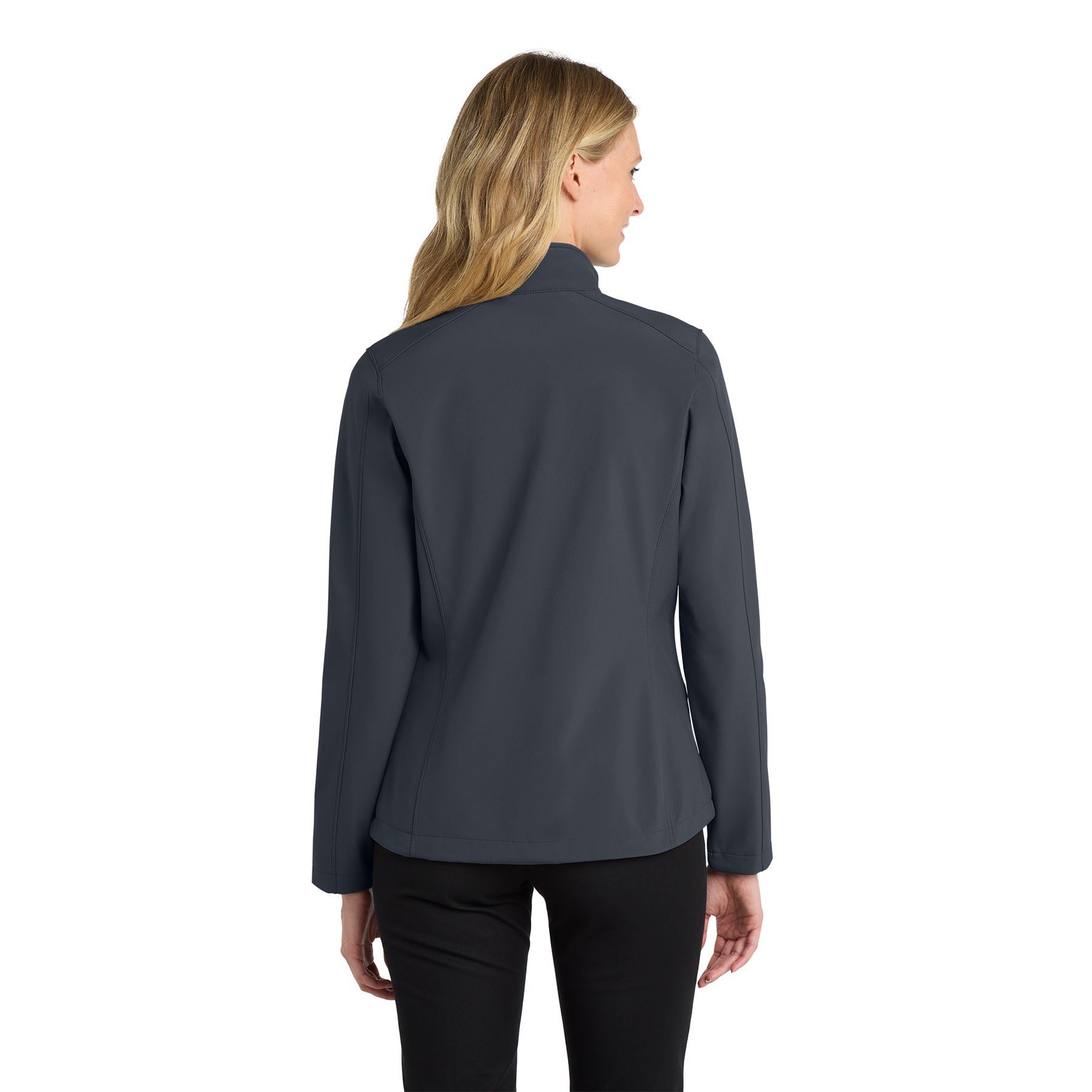 Battleship Grey women's soft shell jacket with wind-resistant polyester shell, microfleece lining, zippered pockets, and full-zip front.