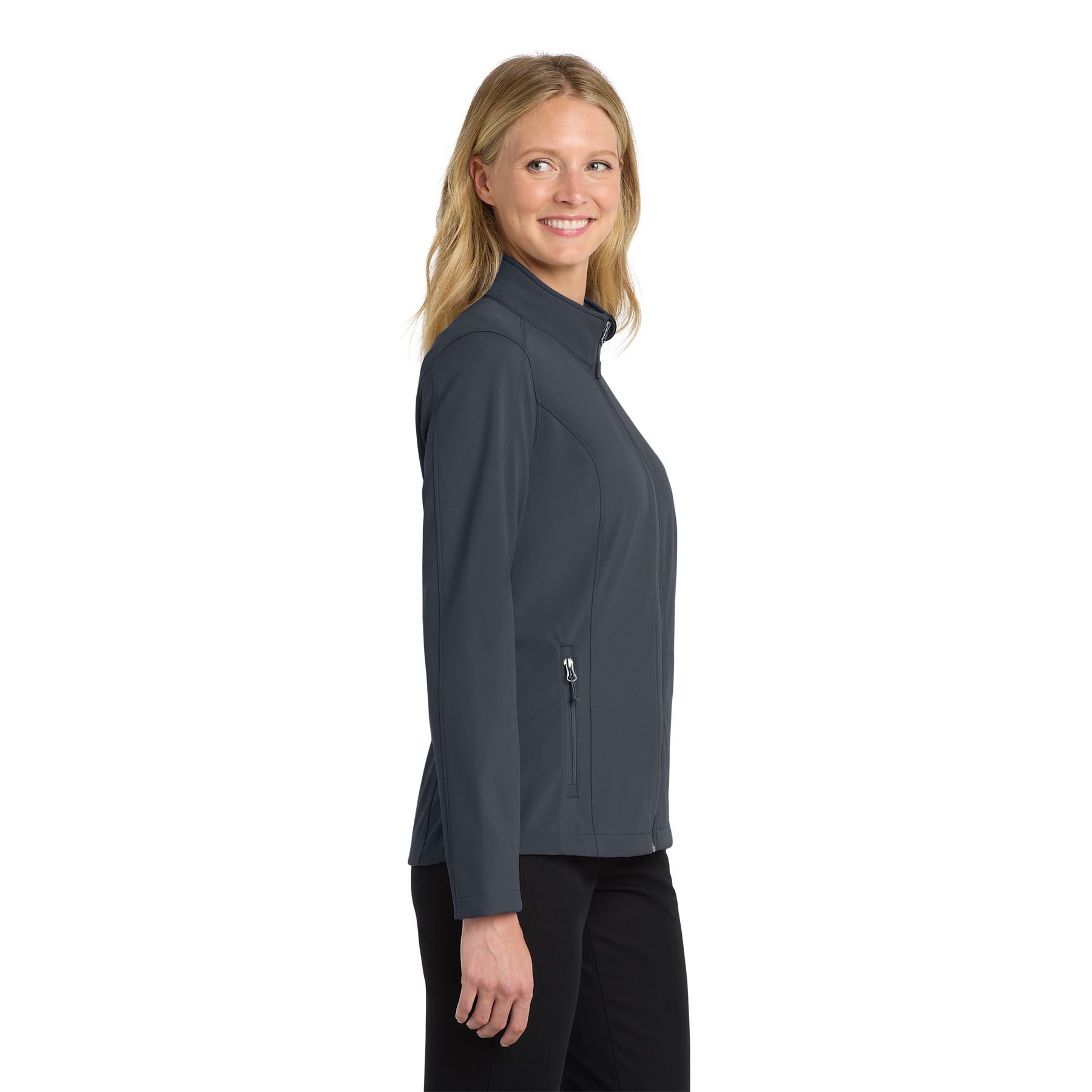Battleship Grey women's soft shell jacket with wind-resistant polyester shell, microfleece lining, zippered pockets, and full-zip front.