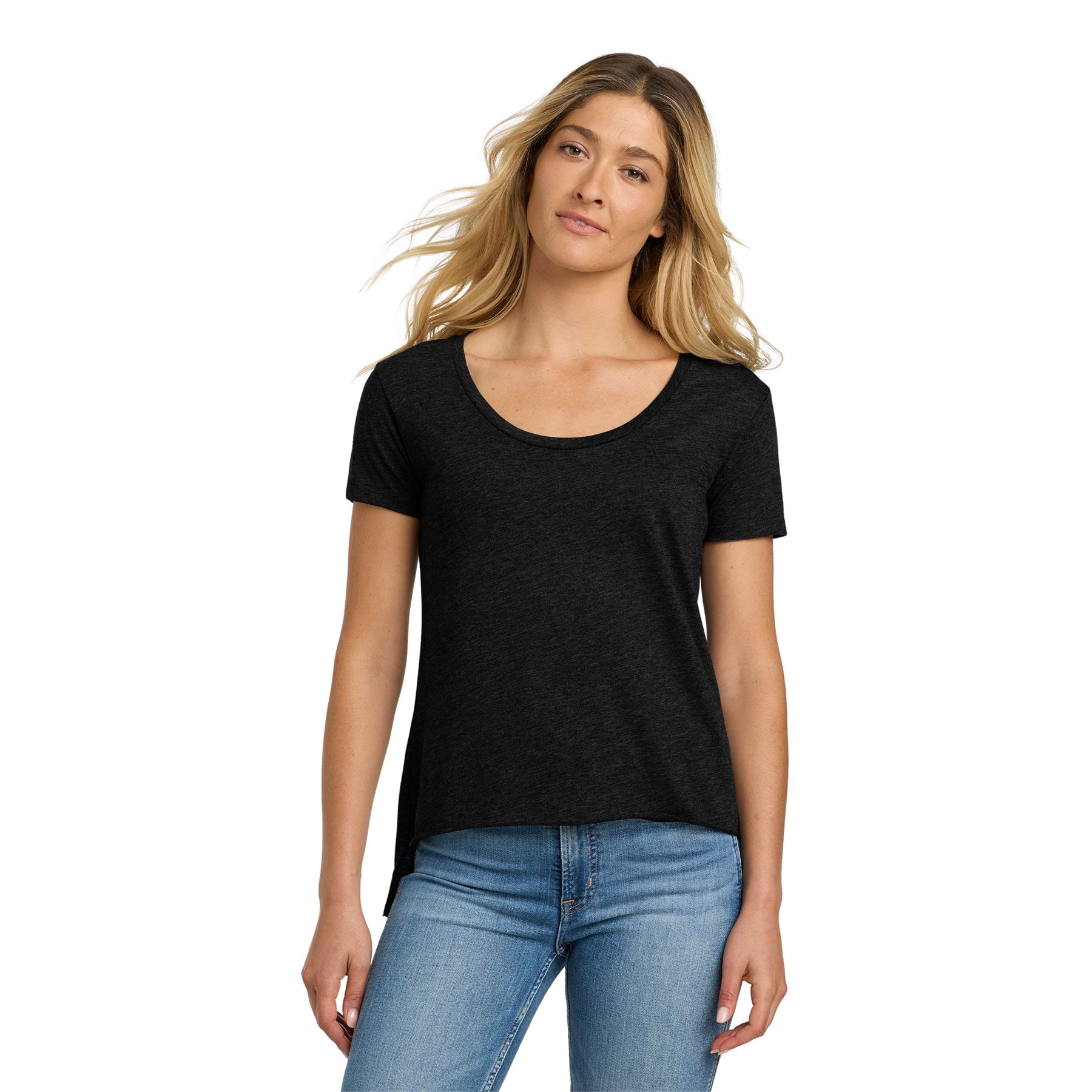 Black Next Level Apparel® Women’s Festival Scoop Neck Tee, featuring a soft lightweight cotton-blend jersey fabric, scoop neckline, short sleeves, and a relaxed fit for casual everyday wear and layering.