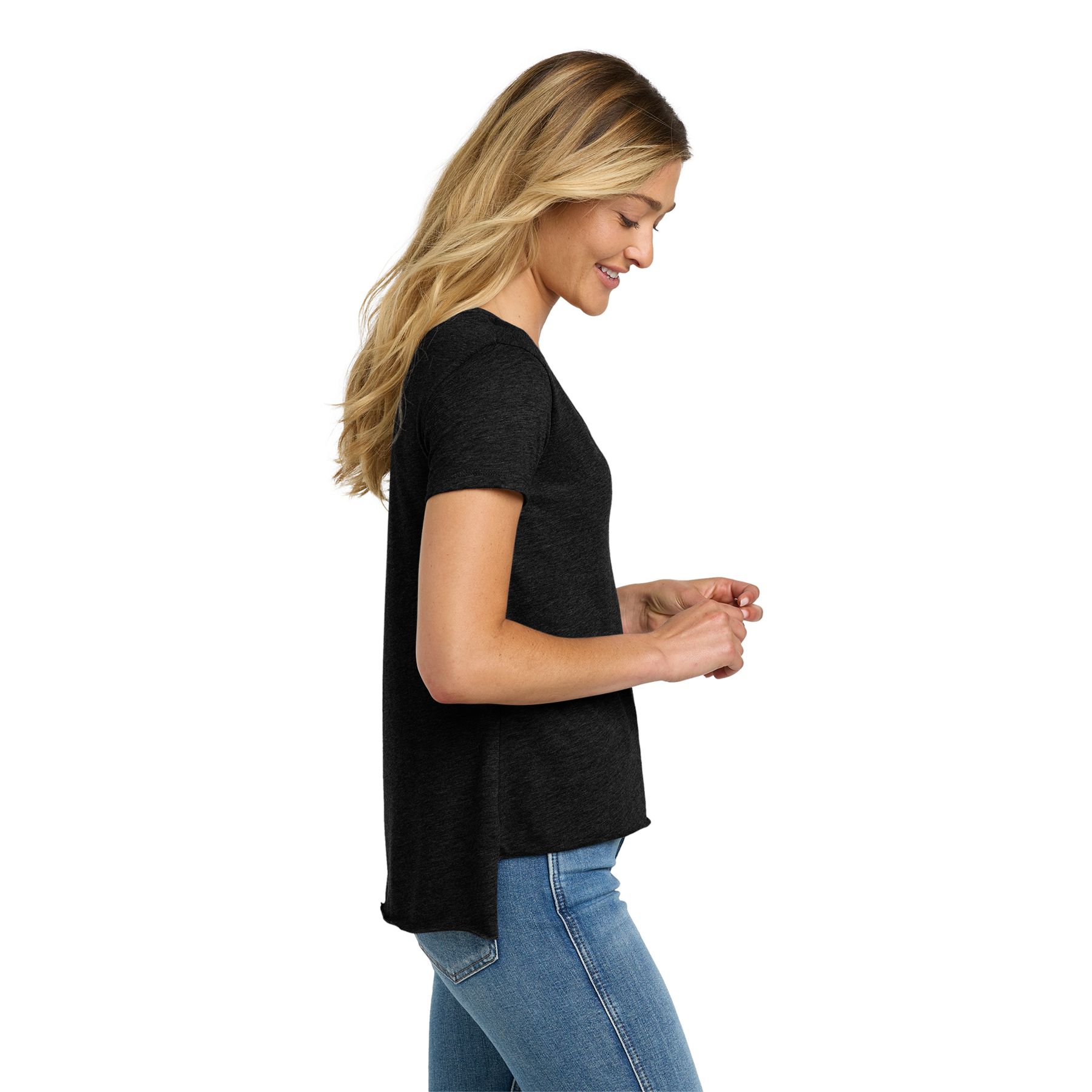 Black Next Level Apparel® Women’s Festival Scoop Neck Tee, featuring a soft lightweight cotton-blend jersey fabric, scoop neckline, short sleeves, and a relaxed fit for casual everyday wear and layering.