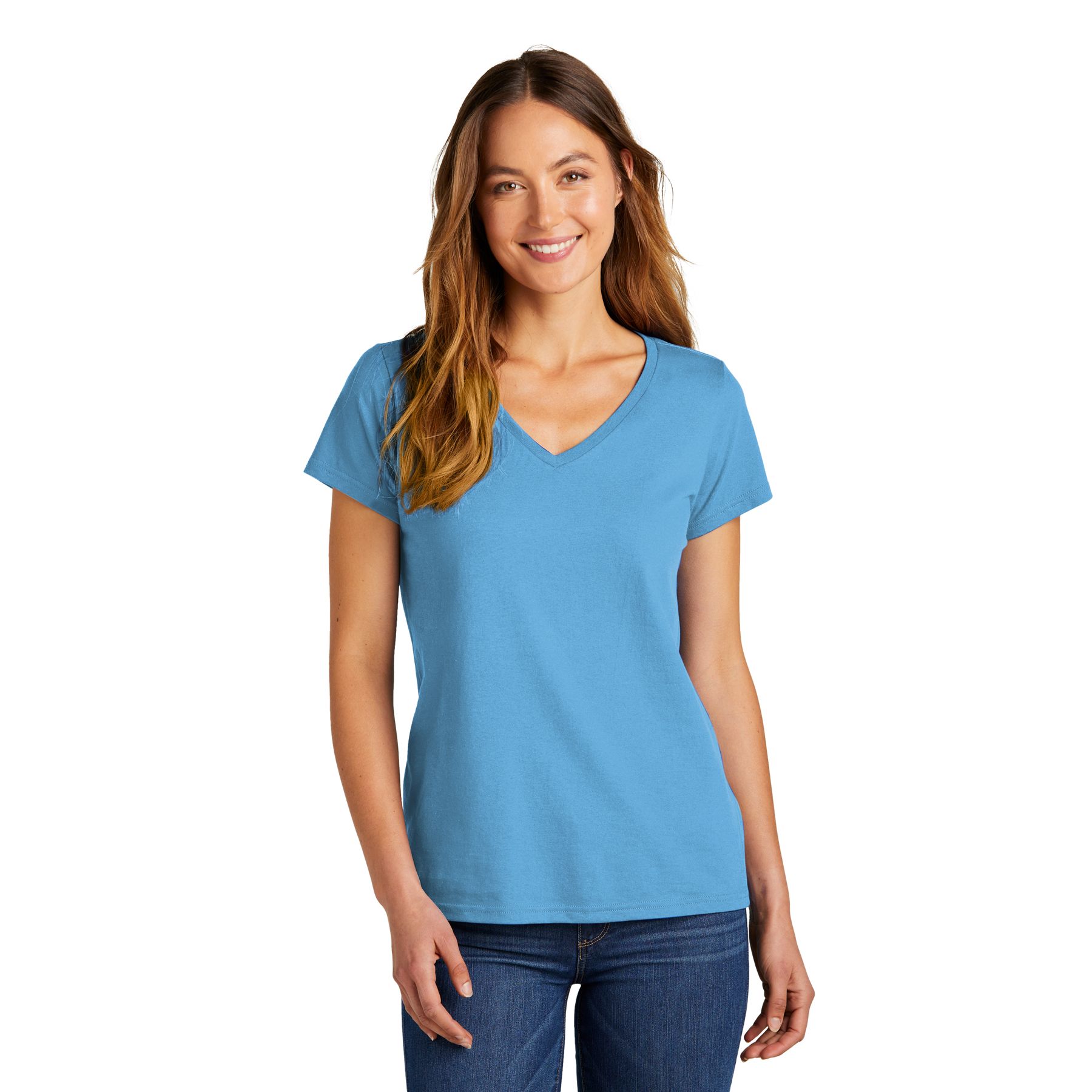 Aquatic Blue District® Women’s The Concert Tee® V-Neck, featuring soft lightweight cotton-blend jersey fabric, a V-neckline, short sleeves, and a relaxed fit for casual everyday wear and layering.