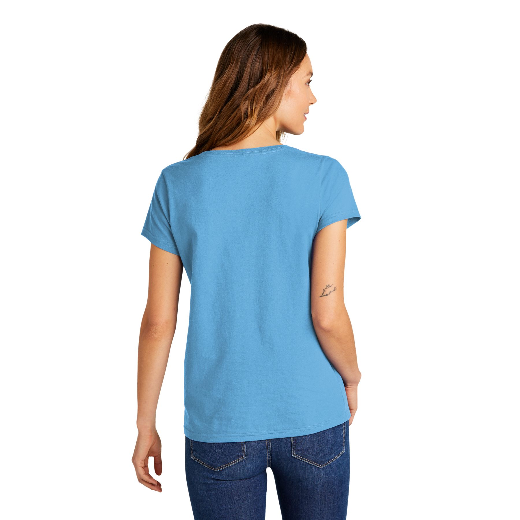 Aquatic Blue District® Women’s The Concert Tee® V-Neck, featuring soft lightweight cotton-blend jersey fabric, a V-neckline, short sleeves, and a relaxed fit for casual everyday wear and layering.
