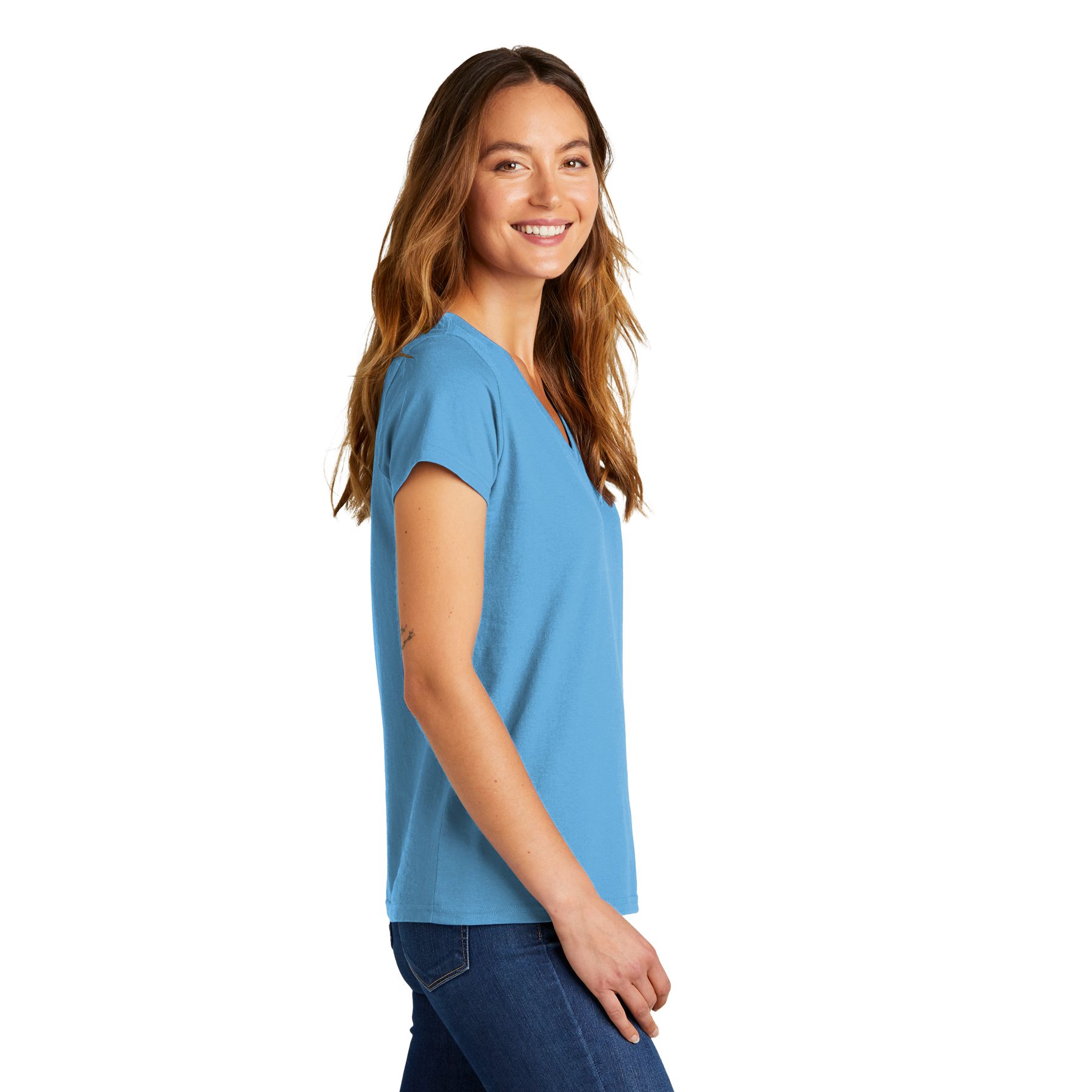 Aquatic Blue District® Women’s The Concert Tee® V-Neck, featuring soft lightweight cotton-blend jersey fabric, a V-neckline, short sleeves, and a relaxed fit for casual everyday wear and layering.