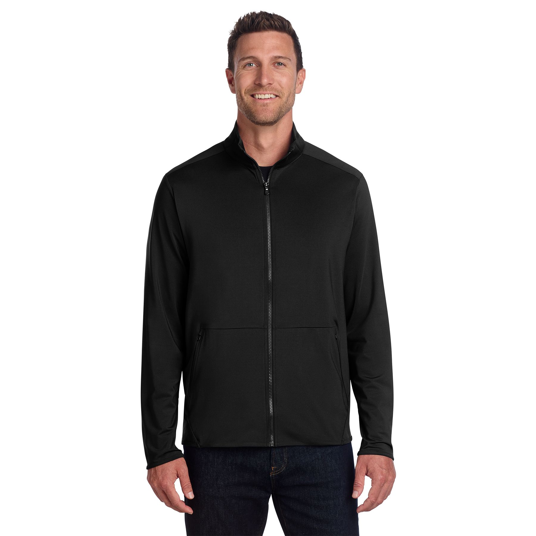 Black stretch fleece full-zip jacket with moisture-wicking fabric, cadet collar, zippered pockets, and a professional performance fit.