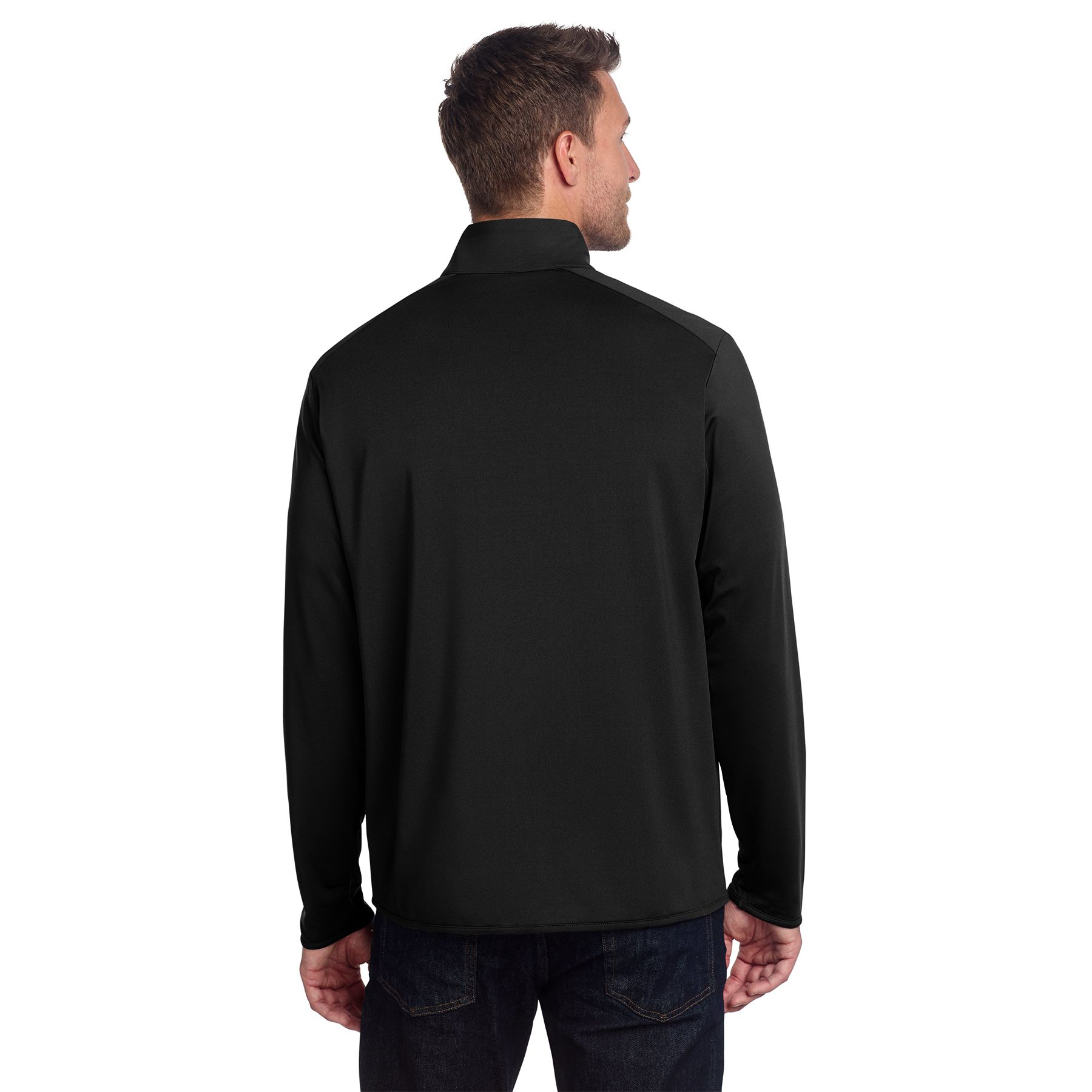 Black stretch fleece full-zip jacket with moisture-wicking fabric, cadet collar, zippered pockets, and a professional performance fit.