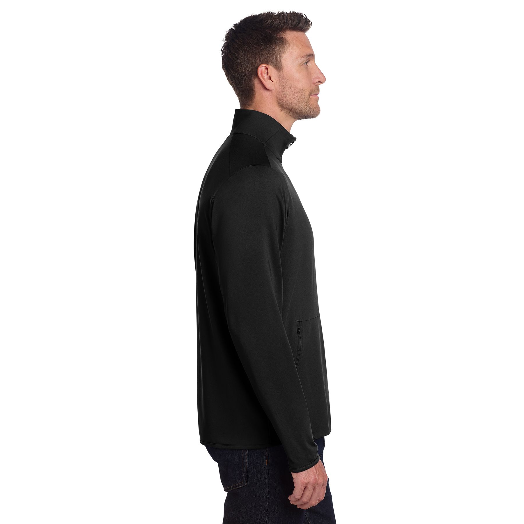 Black stretch fleece full-zip jacket with moisture-wicking fabric, cadet collar, zippered pockets, and a professional performance fit.