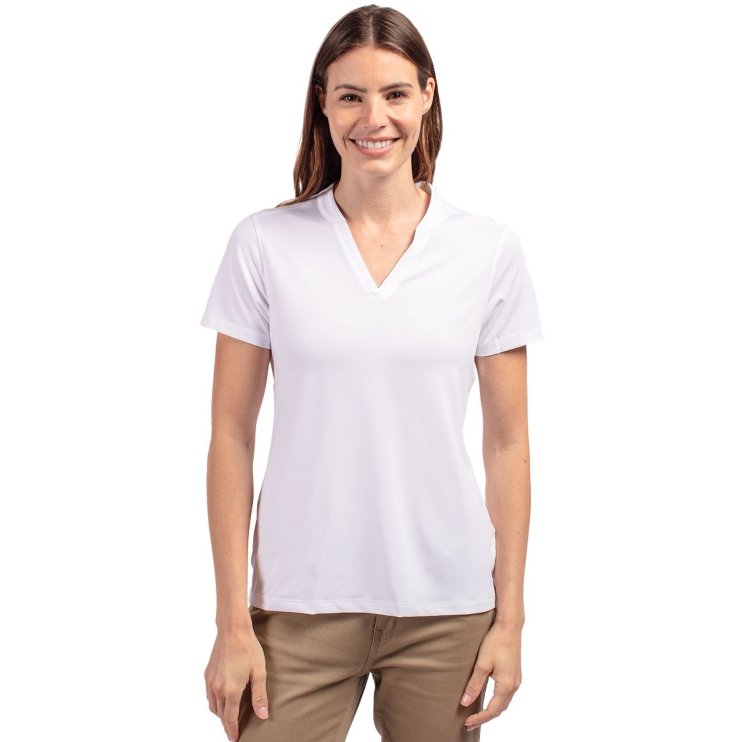 White Cutter & Buck Forge Recycled Four-Way Stretch Heathered Women’s Blade Top, featuring a lightweight heathered performance knit fabric made from recycled materials, short sleeves, a stand collar with partial zip, and a sleek athletic fit designed for golf, training, and active everyday wear.