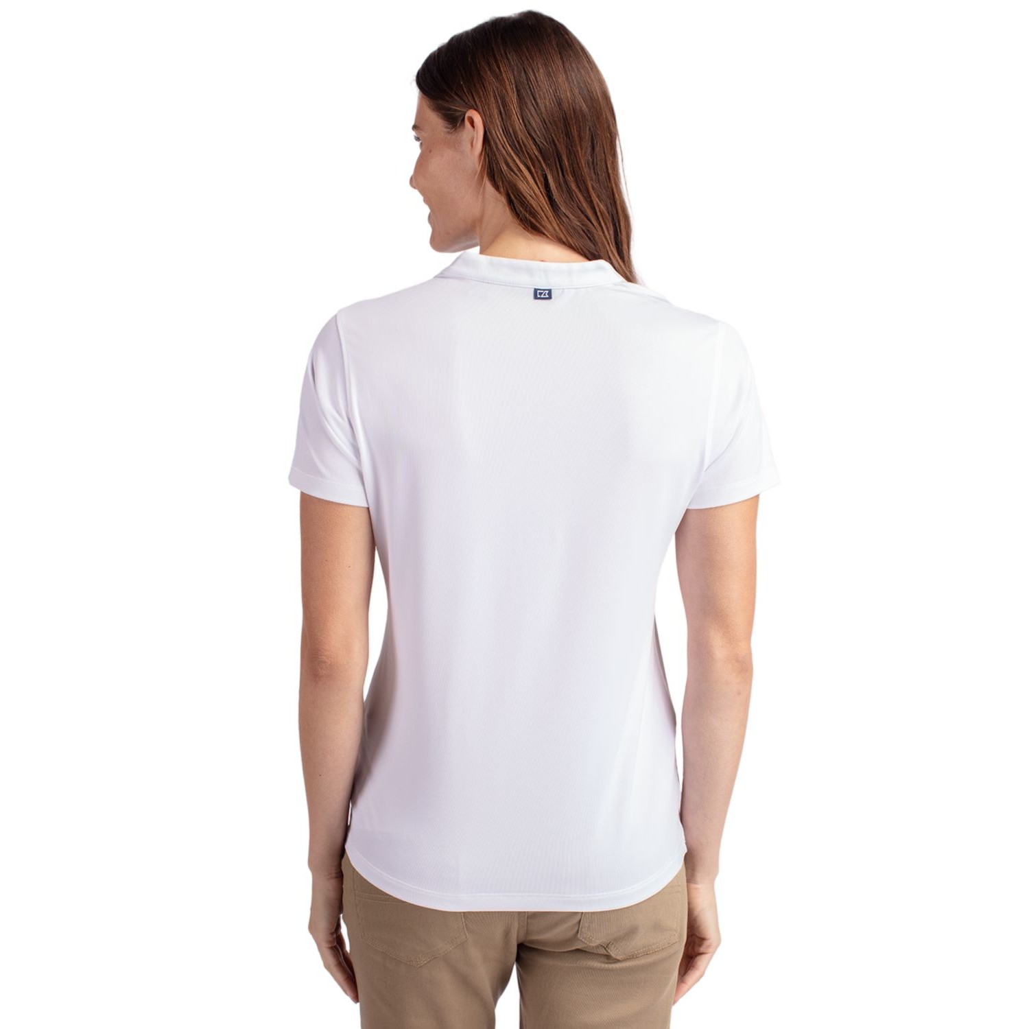 White Cutter & Buck Forge Recycled Four-Way Stretch Heathered Women’s Blade Top, featuring a lightweight heathered performance knit fabric made from recycled materials, short sleeves, a stand collar with partial zip, and a sleek athletic fit designed for golf, training, and active everyday wear.