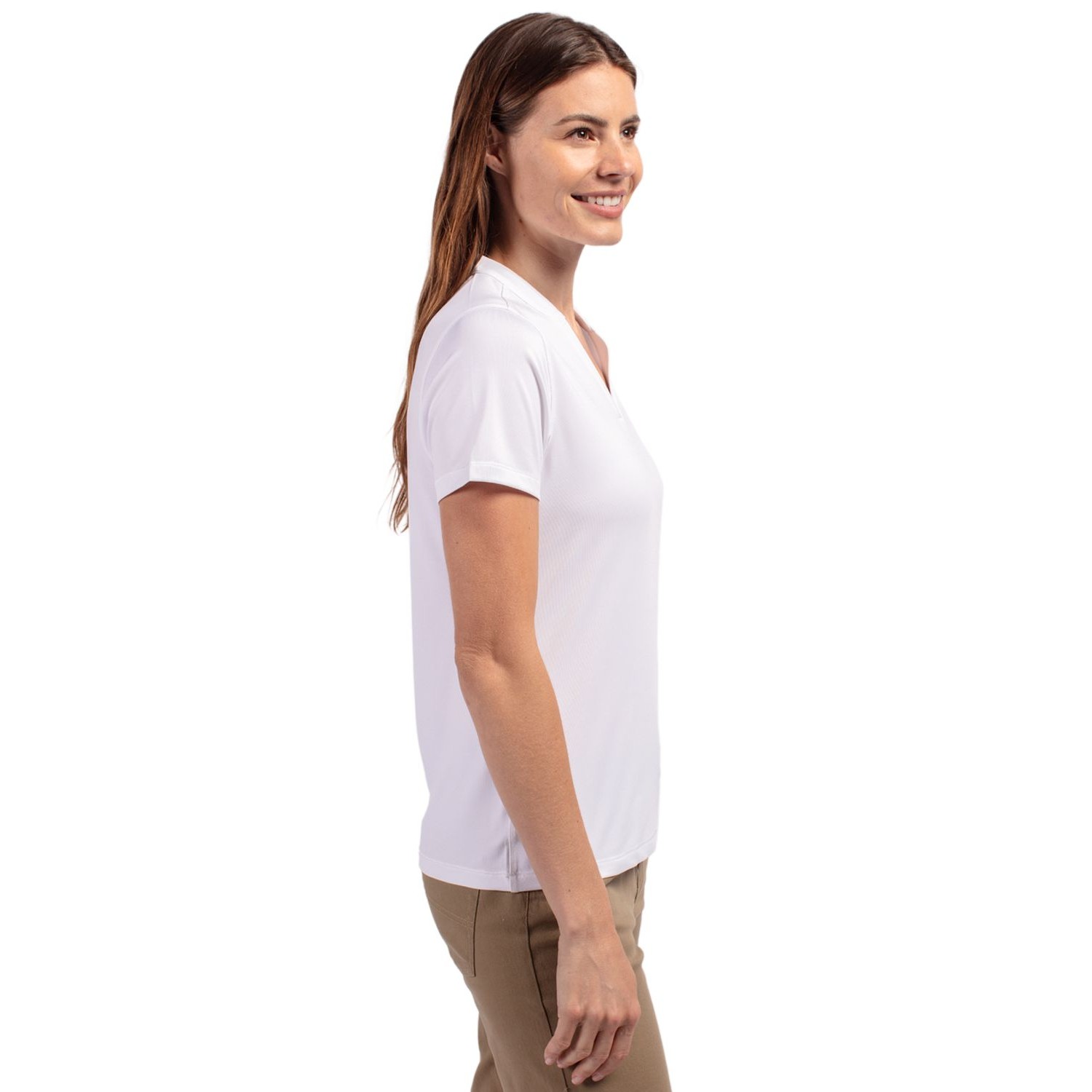 White Cutter & Buck Forge Recycled Four-Way Stretch Heathered Women’s Blade Top, featuring a lightweight heathered performance knit fabric made from recycled materials, short sleeves, a stand collar with partial zip, and a sleek athletic fit designed for golf, training, and active everyday wear.