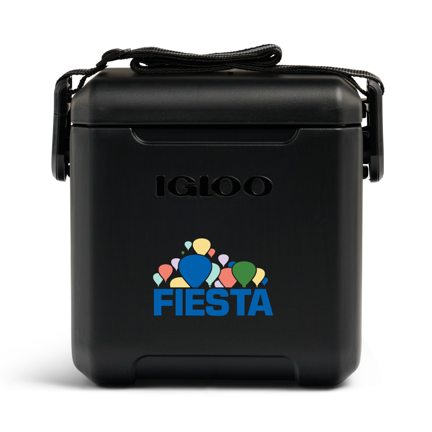 Black hard-sided insulated cooler with locking gasket-sealed lid, adjustable woven shoulder strap, and durable portable design for keeping drinks cold.