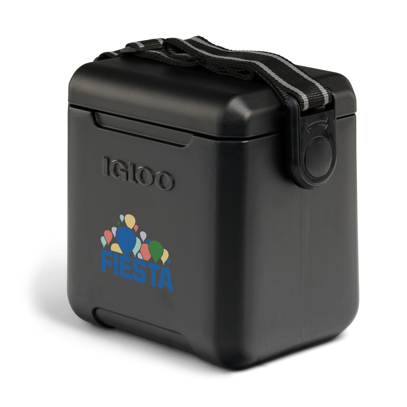 Black hard-sided insulated cooler with locking gasket-sealed lid, adjustable woven shoulder strap, and durable portable design for keeping drinks cold.