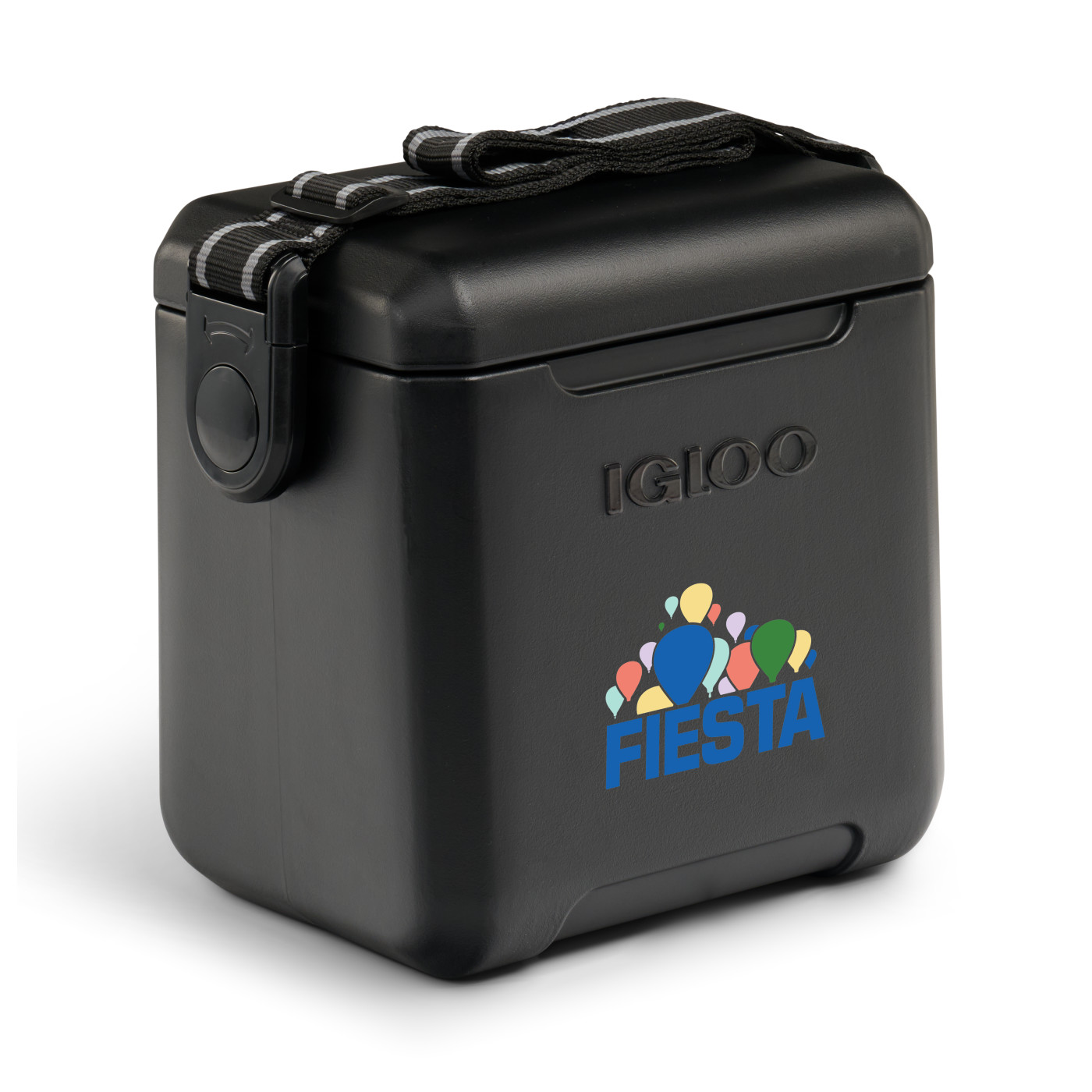 Black hard-sided insulated cooler with locking gasket-sealed lid, adjustable woven shoulder strap, and durable portable design for keeping drinks cold.