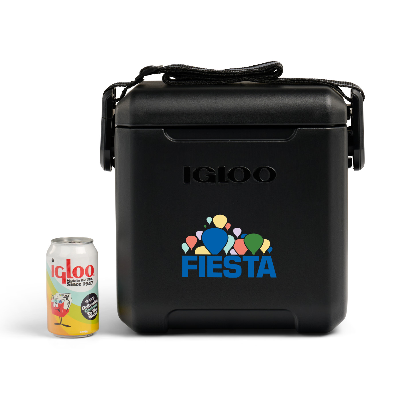 Black hard-sided insulated cooler with locking gasket-sealed lid, adjustable woven shoulder strap, and durable portable design for keeping drinks cold.