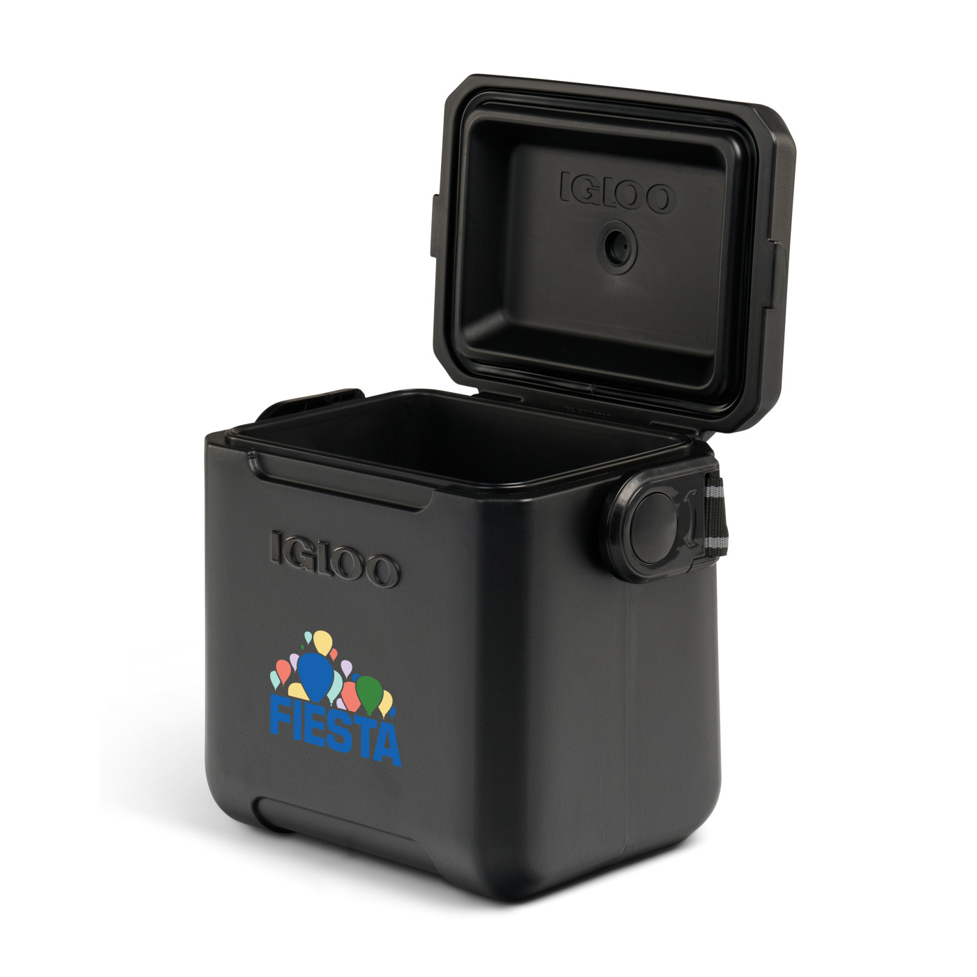 Black hard-sided insulated cooler with locking gasket-sealed lid, adjustable woven shoulder strap, and durable portable design for keeping drinks cold.