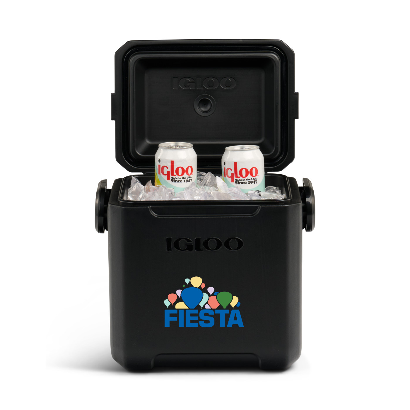 Black hard-sided insulated cooler with locking gasket-sealed lid, adjustable woven shoulder strap, and durable portable design for keeping drinks cold.