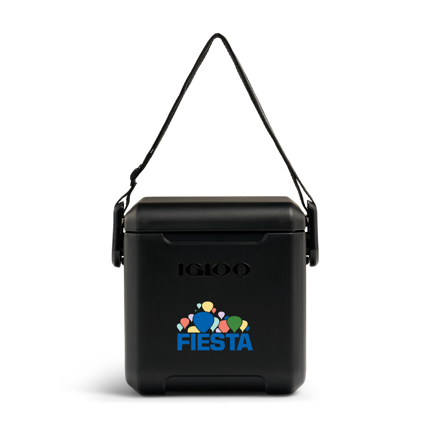 Black hard-sided insulated cooler with locking gasket-sealed lid, adjustable woven shoulder strap, and durable portable design for keeping drinks cold.