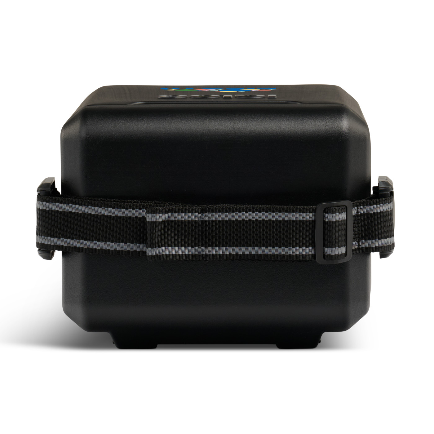 Black hard-sided insulated cooler with locking gasket-sealed lid, adjustable woven shoulder strap, and durable portable design for keeping drinks cold.