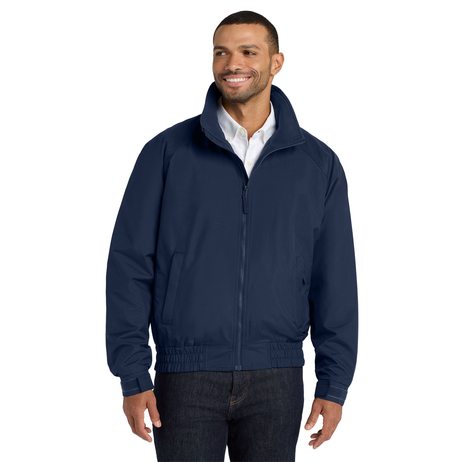 True Navy lightweight jacket with polyester Taslan shell, fleece body lining, full front zipper, adjustable cuffs, and elastic waistband designed for versatile everyday wear.
