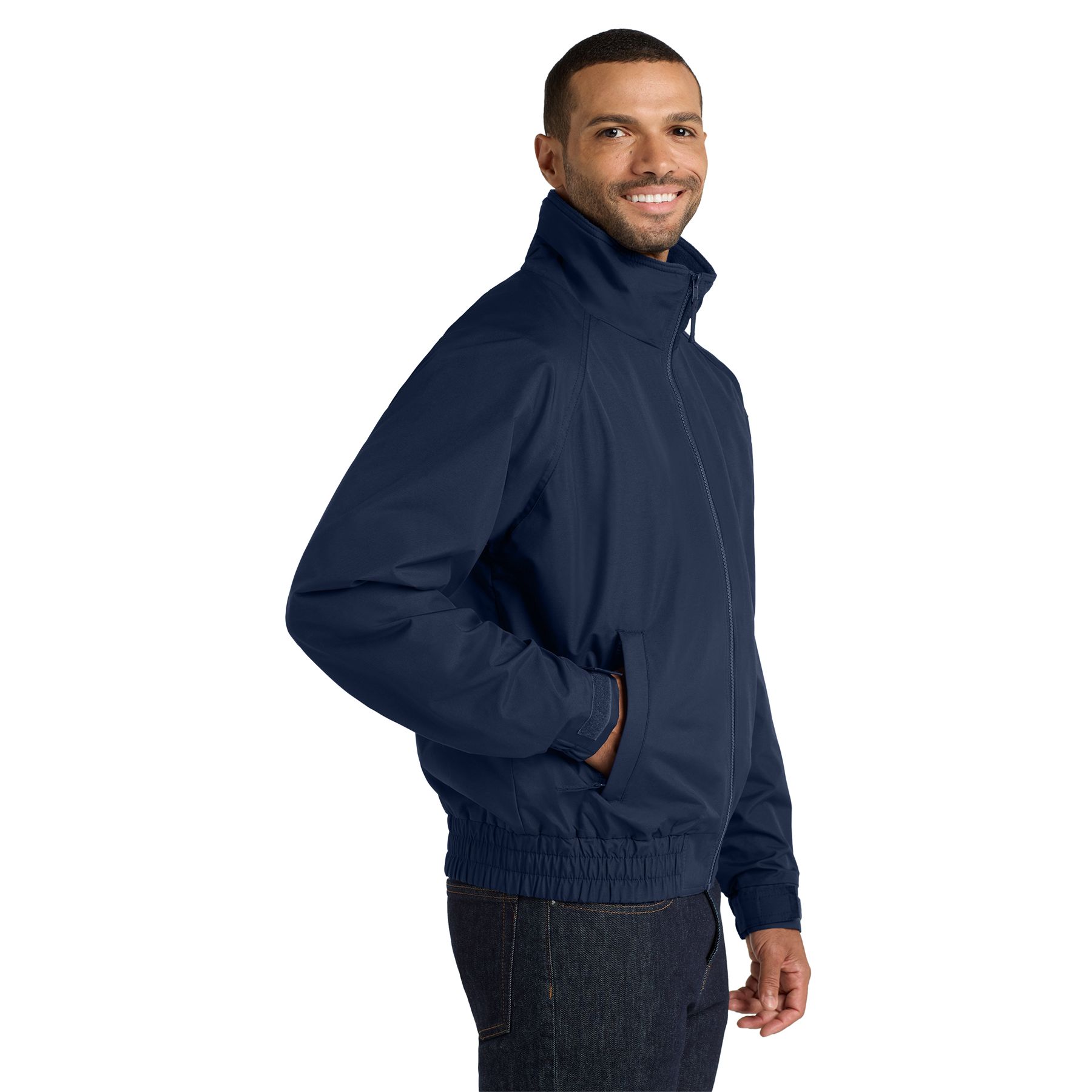 True Navy lightweight jacket with polyester Taslan shell, fleece body lining, full front zipper, adjustable cuffs, and elastic waistband designed for versatile everyday wear.