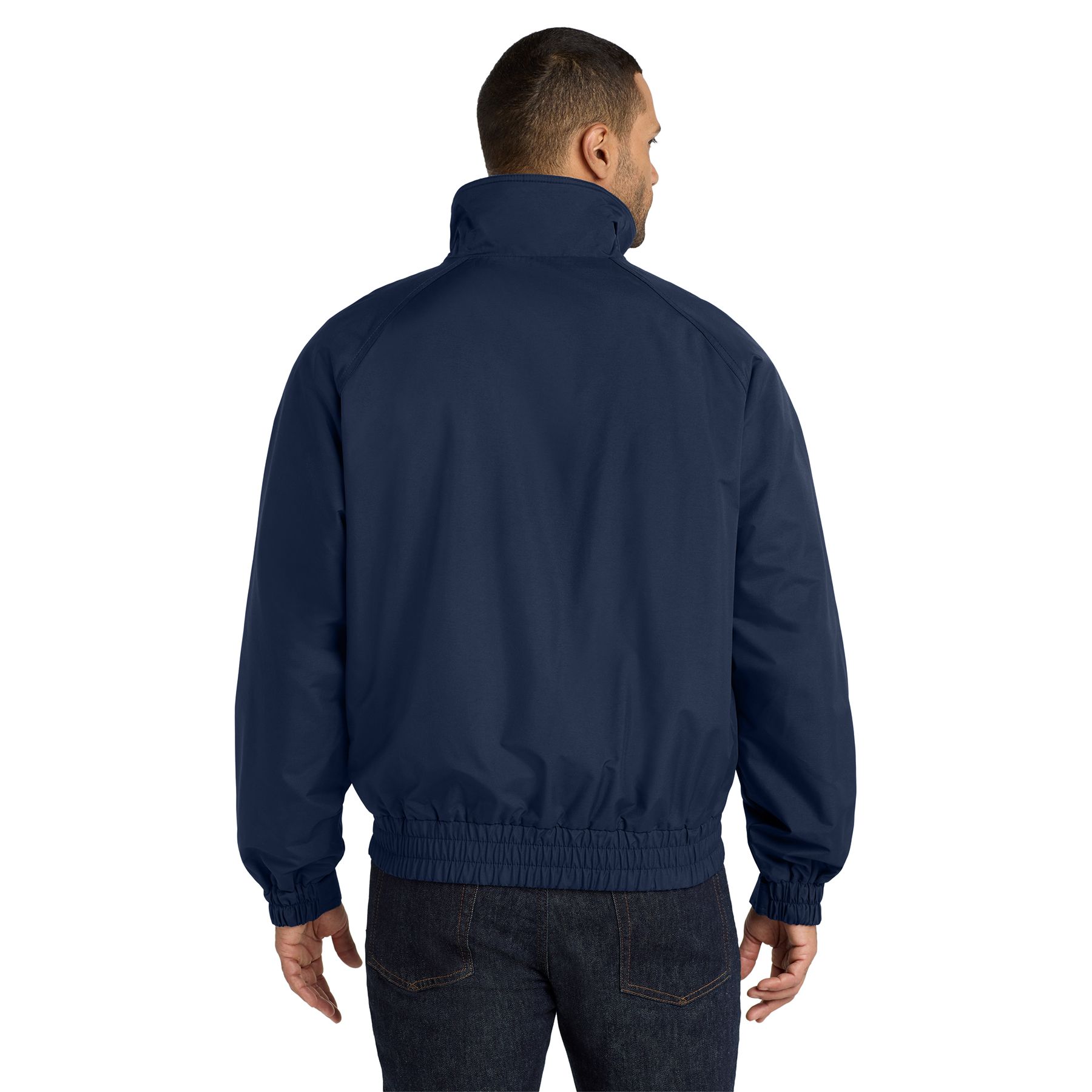 True Navy lightweight jacket with polyester Taslan shell, fleece body lining, full front zipper, adjustable cuffs, and elastic waistband designed for versatile everyday wear.